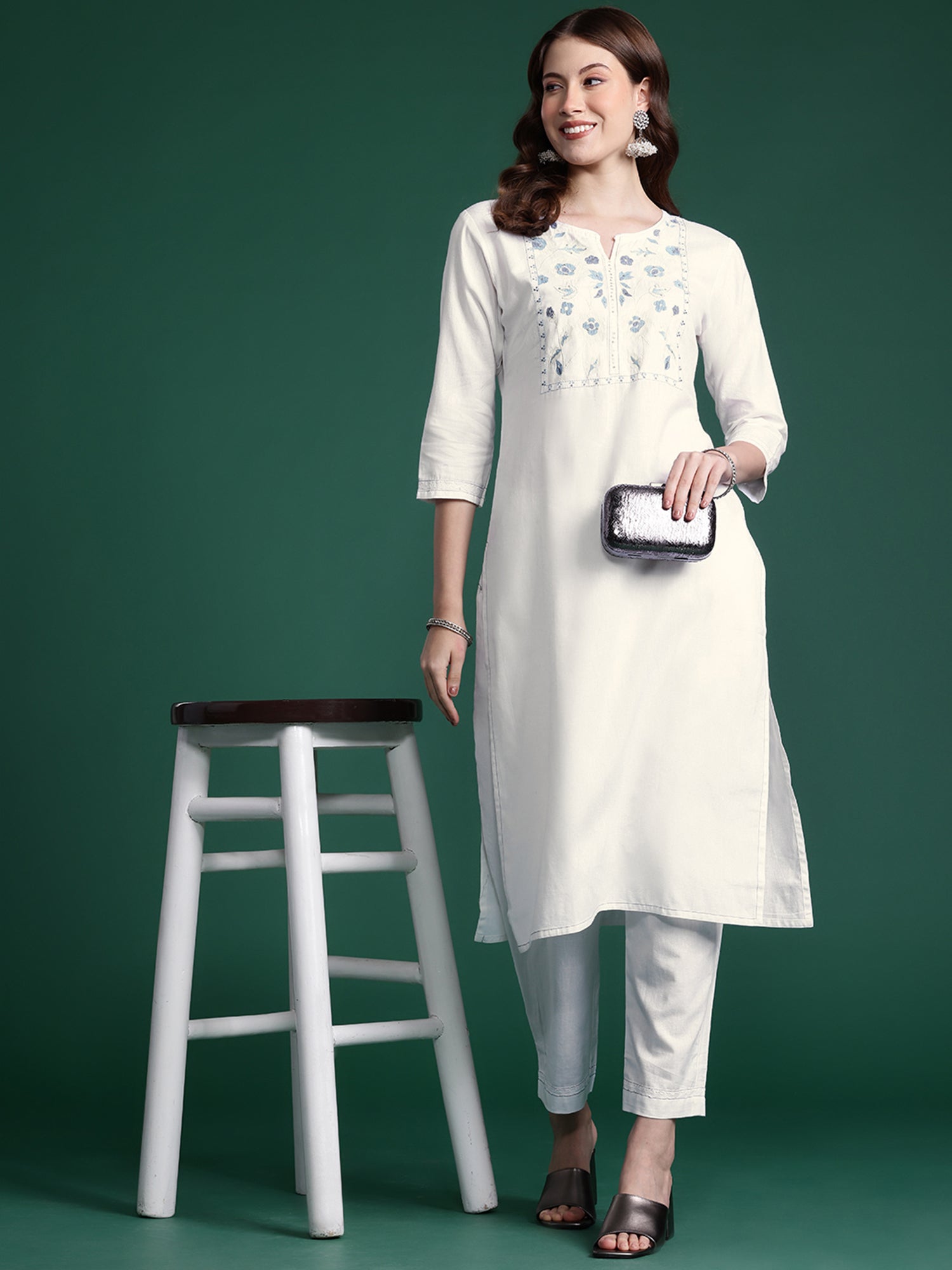 White Embroidered Straight Kurta Trousers set