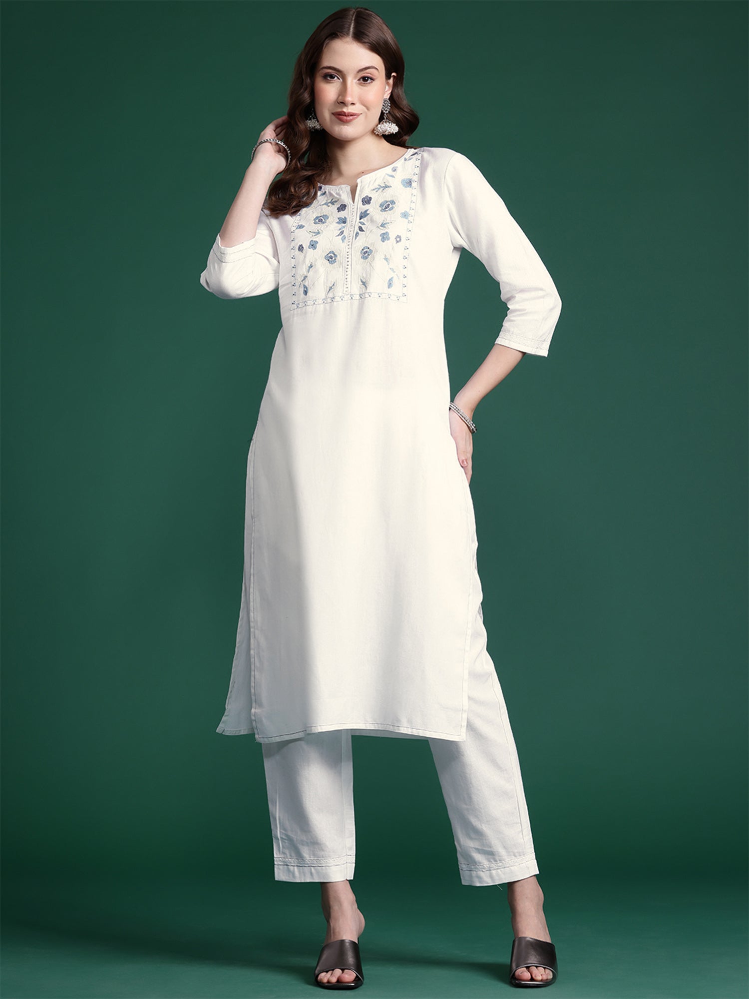 White Embroidered Straight Kurta Trousers set