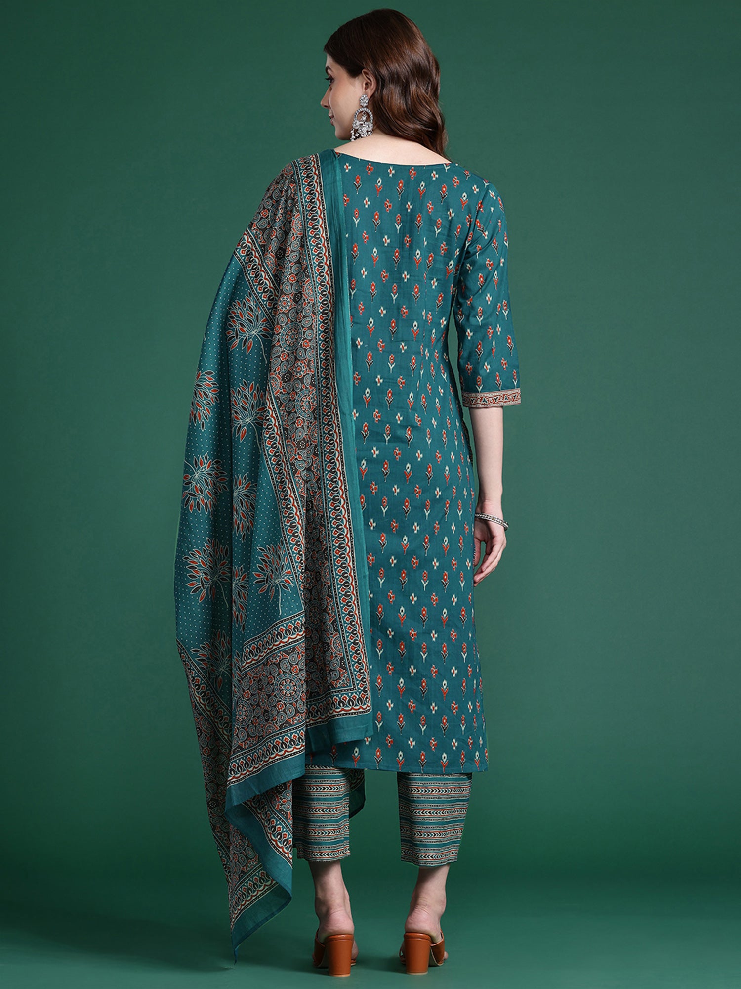 Teal Printed Straight Kurta Trousers With Dupatta set