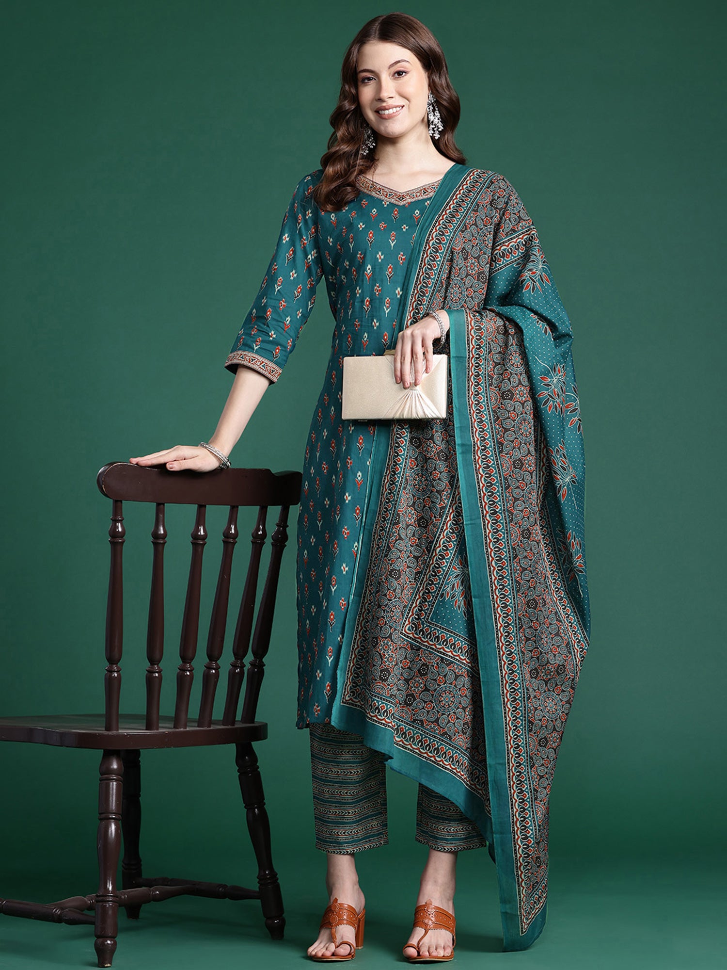 Teal Printed Straight Kurta Trousers With Dupatta set