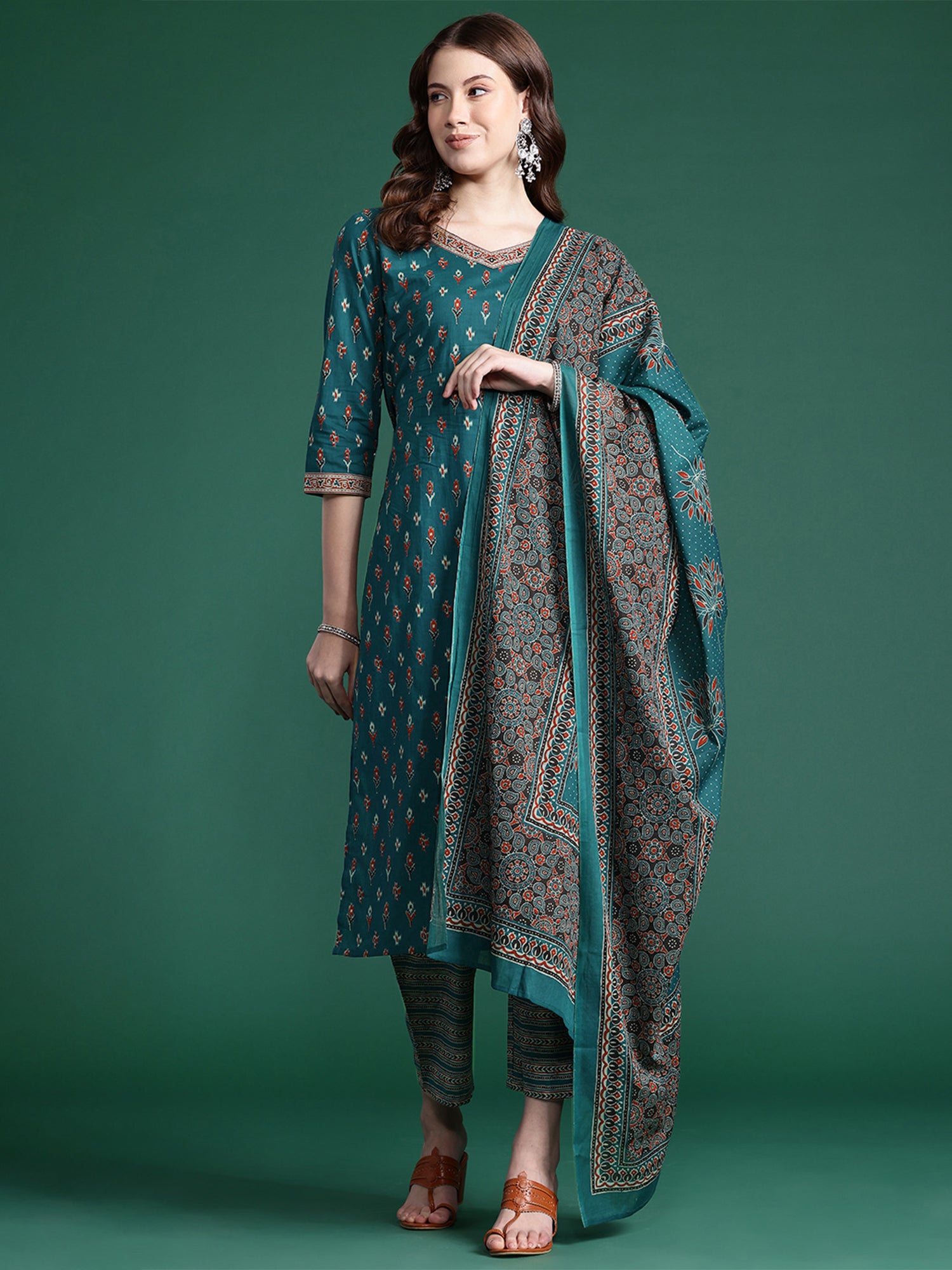 Teal Printed Straight Kurta Trousers With Dupatta set