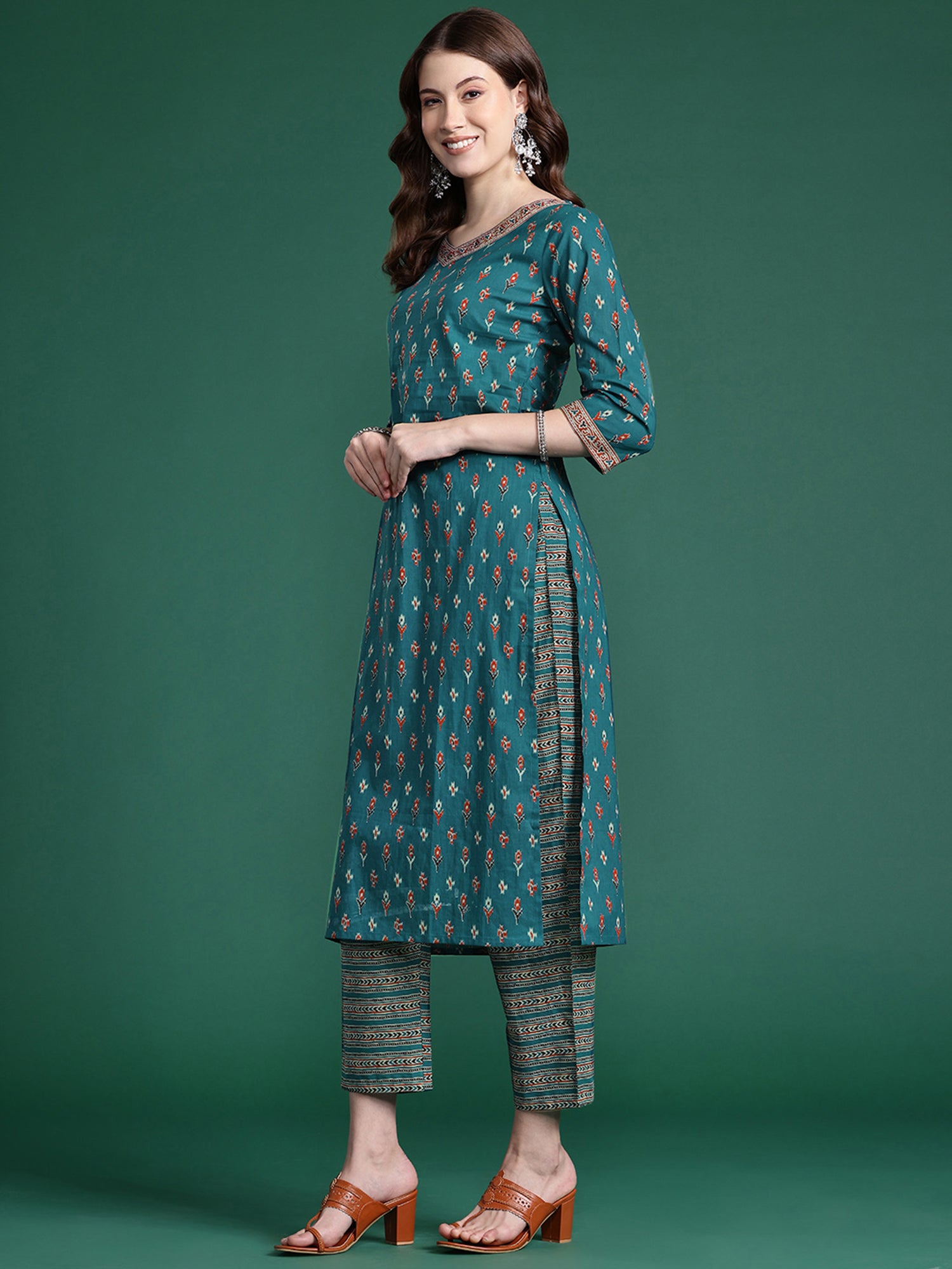 Teal Printed Straight Kurta Trousers With Dupatta set