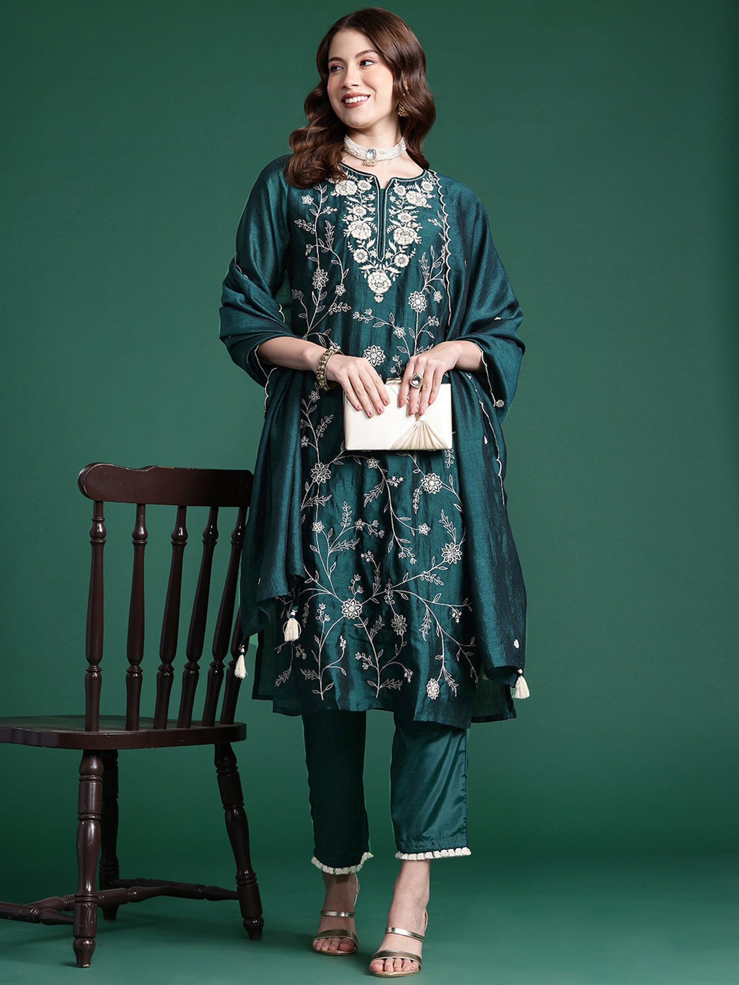 Teal Straight Embroidered Kurta Trousers With Dupatta Set