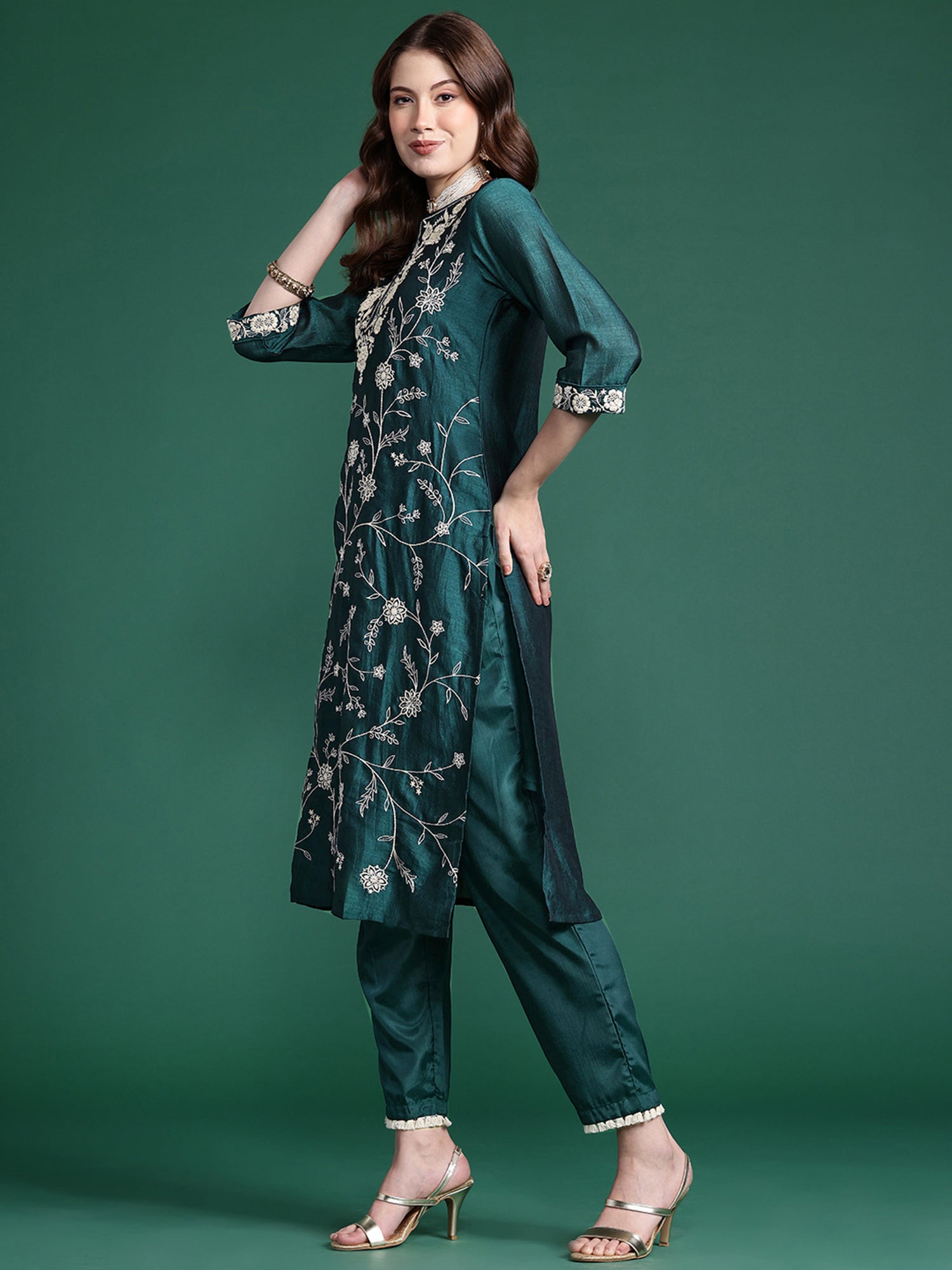 Teal Straight Embroidered Kurta Trousers With Dupatta Set