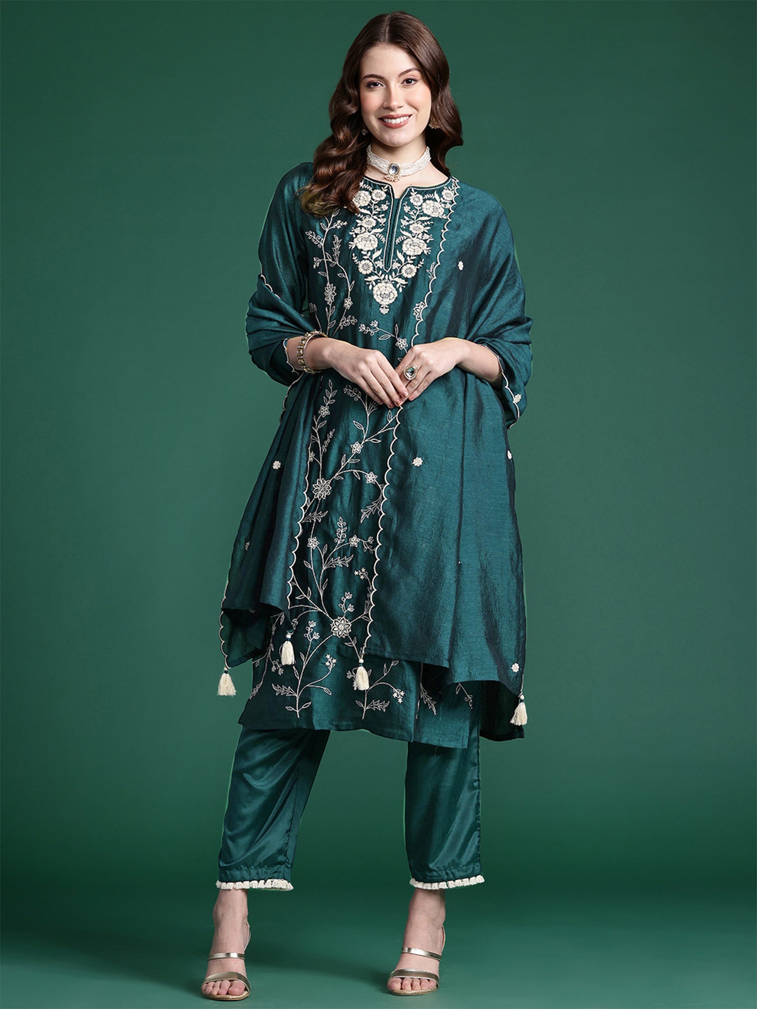 Teal Straight Embroidered Kurta Trousers With Dupatta Set