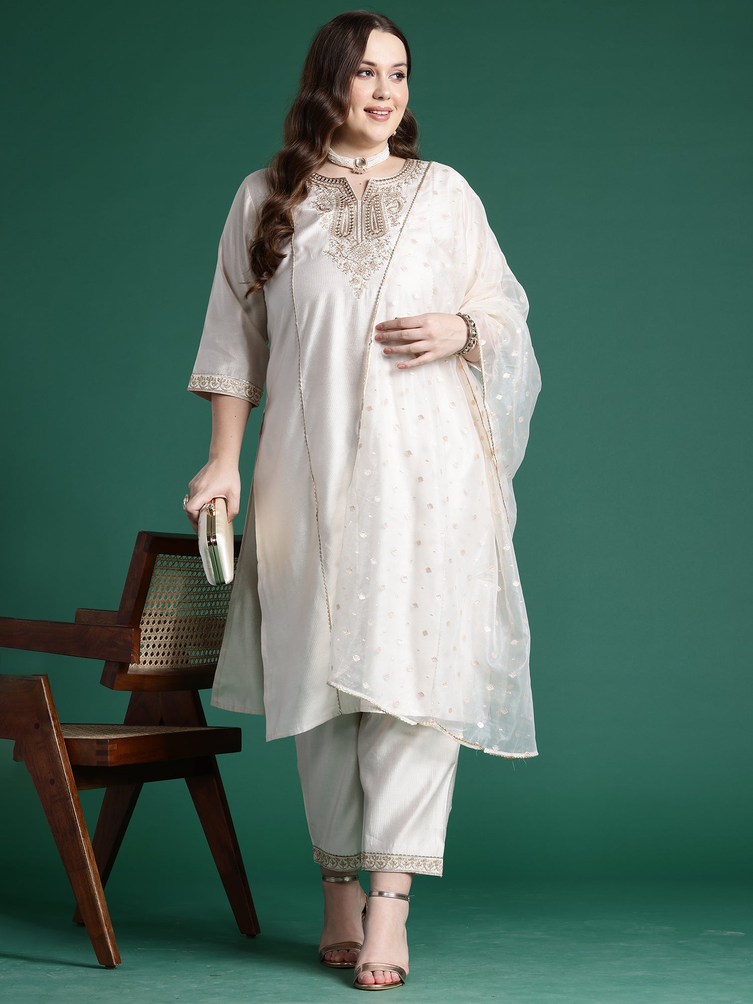 Off White Embroidered Straight Kurta Trousers With Dupatta Set