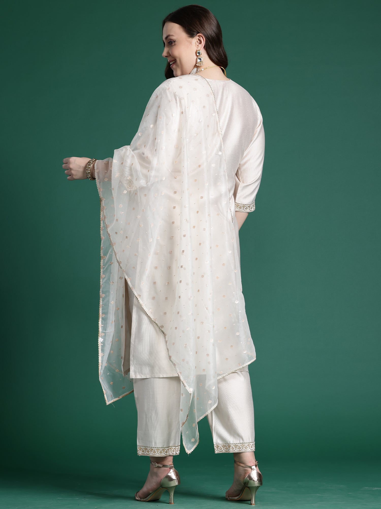 Off White Embroidered Straight Kurta Trousers With Dupatta Set