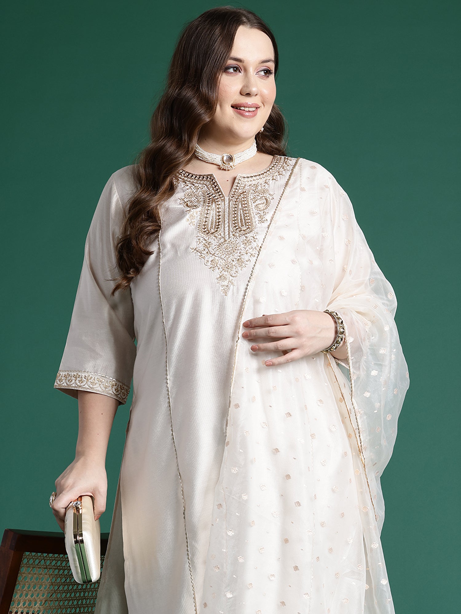 Off White Embroidered Straight Kurta Trousers With Dupatta Set