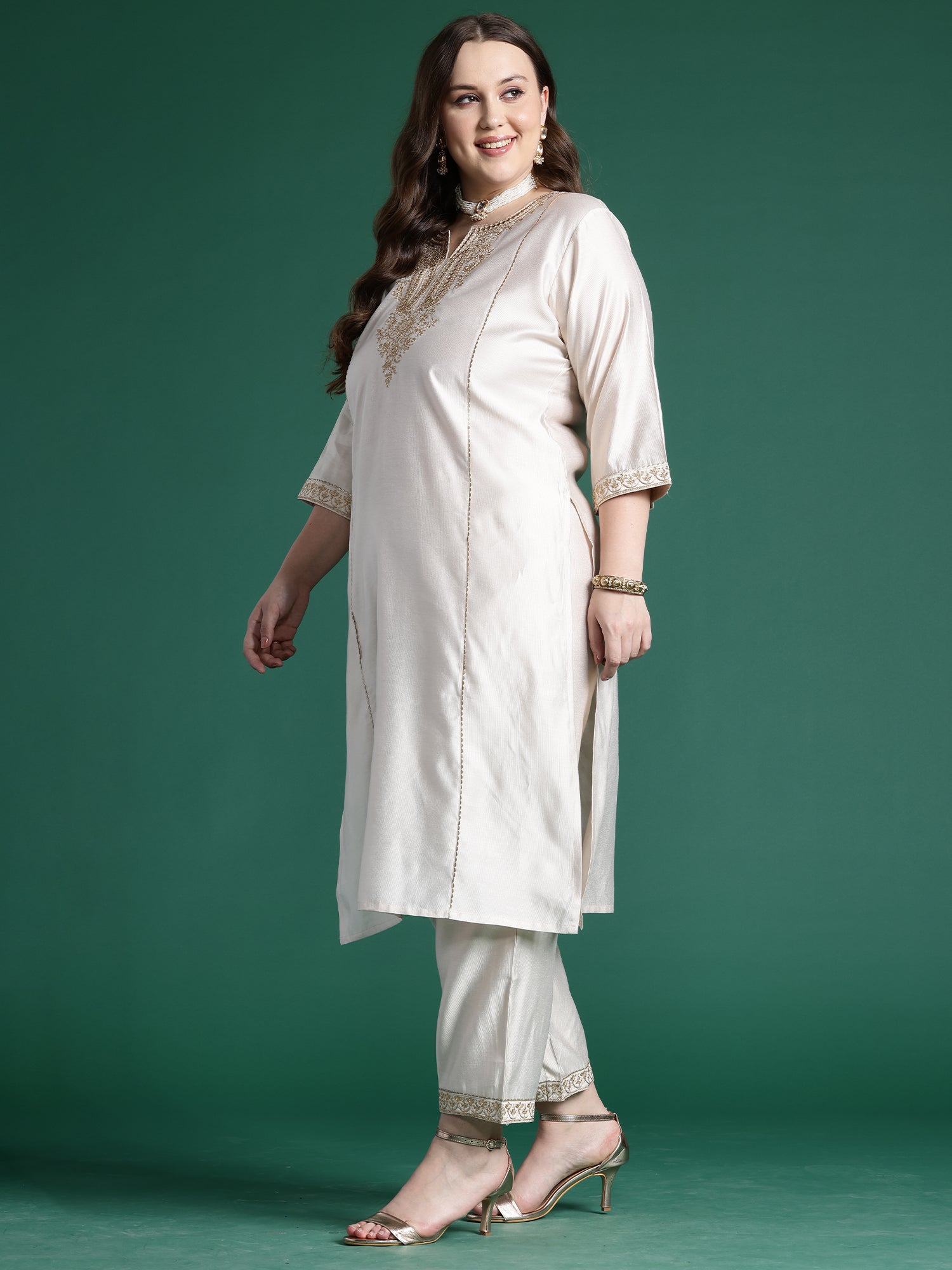 Off White Embroidered Straight Kurta Trousers With Dupatta Set