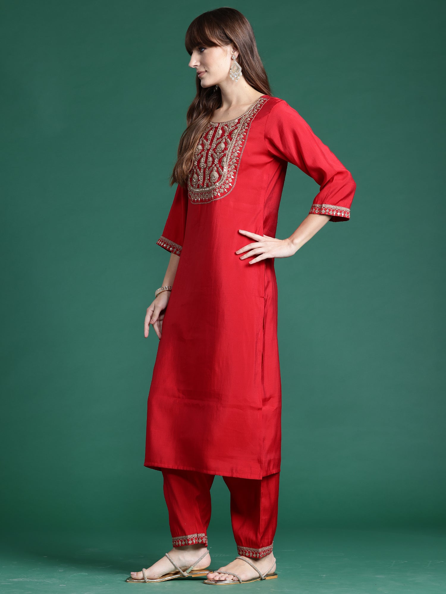 Red Embroidered Straight Kurta Trousers With Dupatta  Set