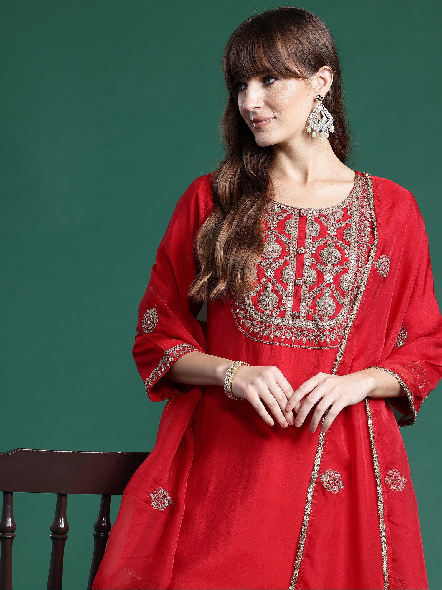 Red Embroidered Straight Kurta Trousers With Dupatta  Set