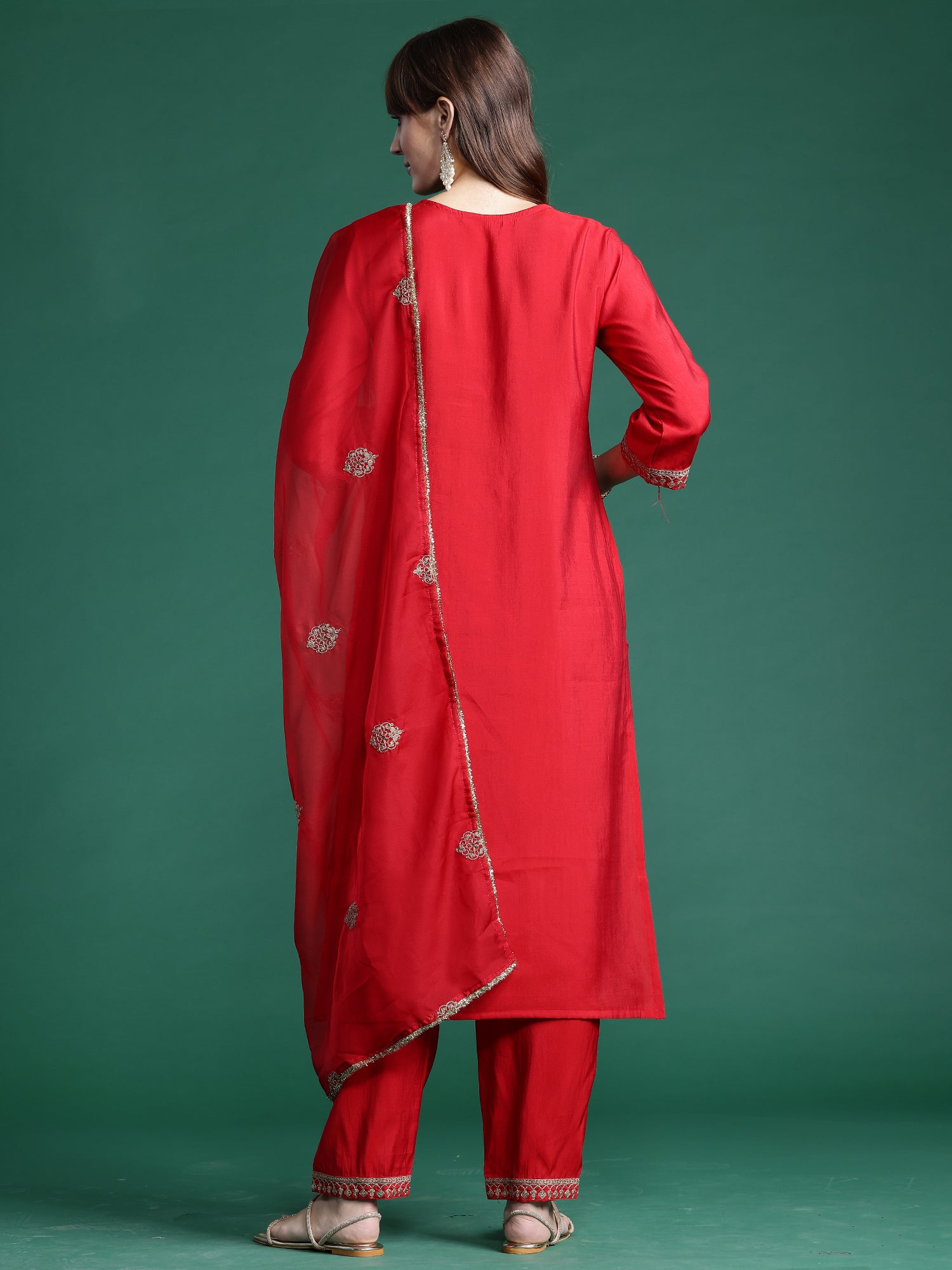 Red Embroidered Straight Kurta Trousers With Dupatta  Set