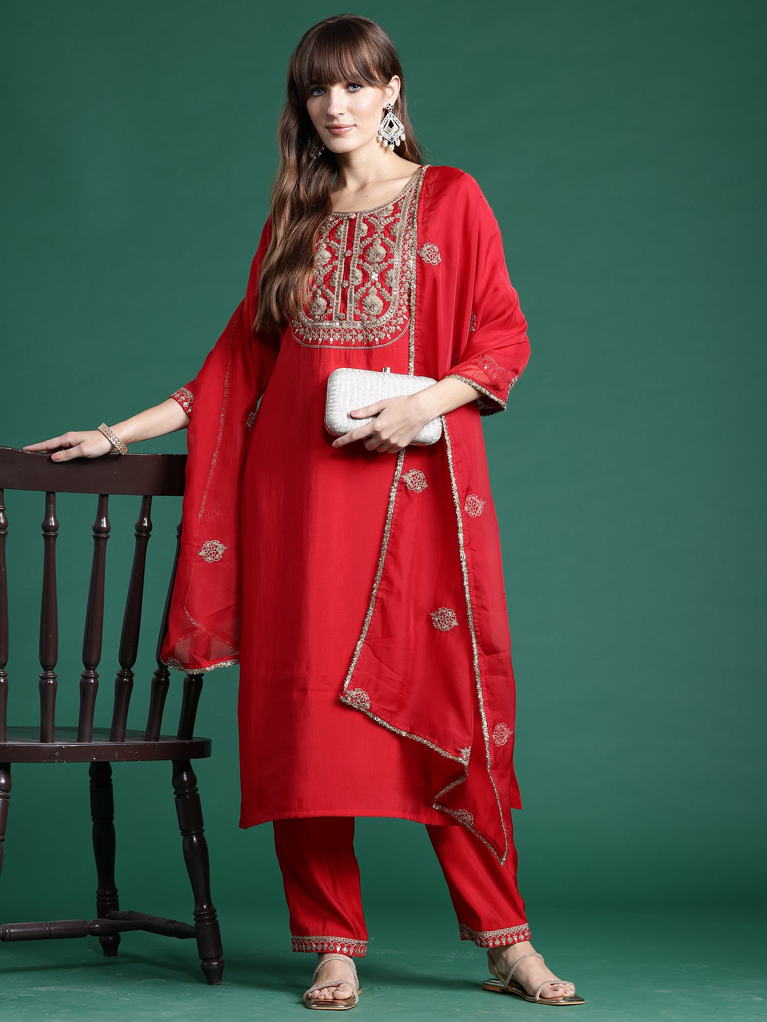 Red Embroidered Straight Kurta Trousers With Dupatta  Set