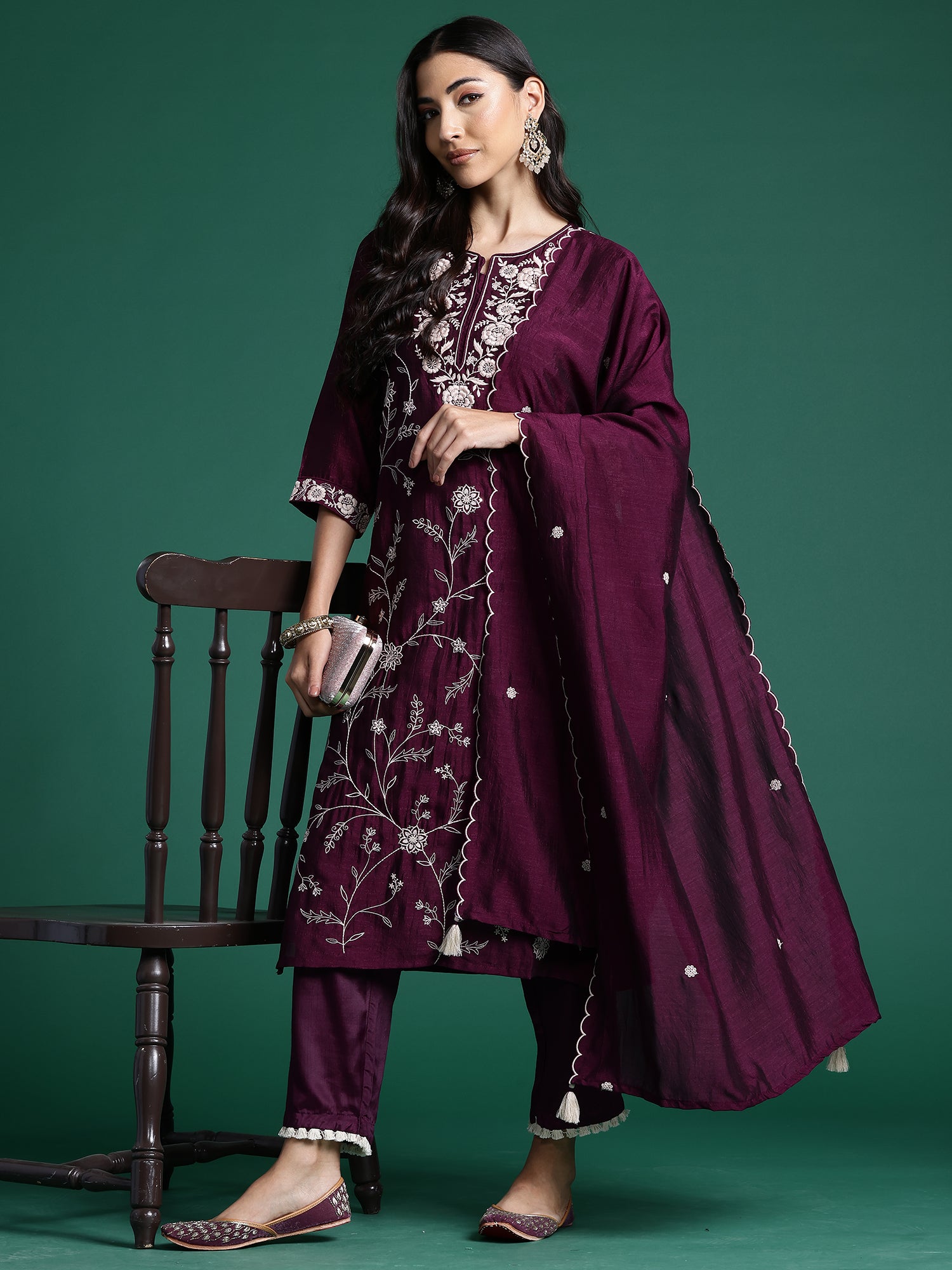 Burgandy Straight Embroidered Kurta Trousers With Dupatta Set