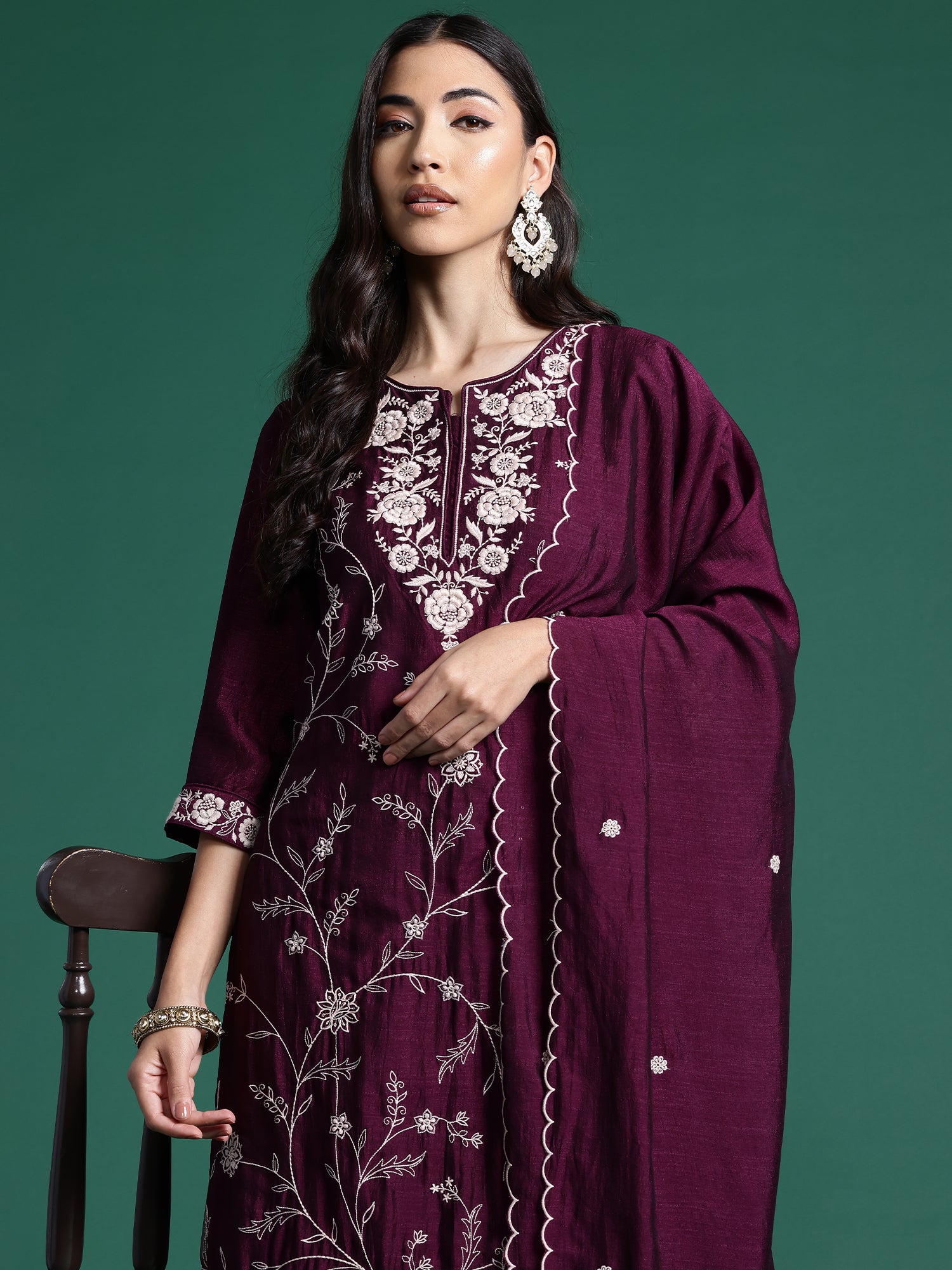 Burgandy Straight Embroidered Kurta Trousers With Dupatta Set