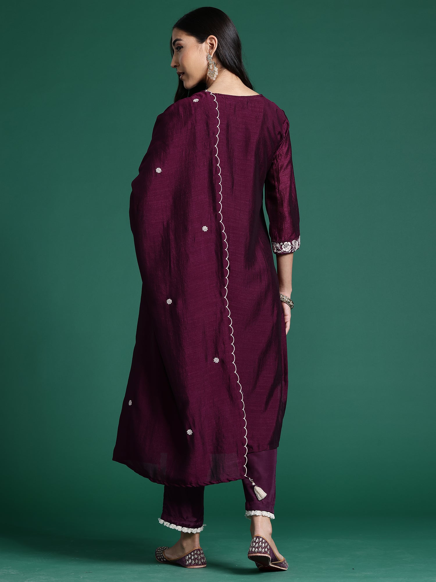 Burgandy Straight Embroidered Kurta Trousers With Dupatta Set