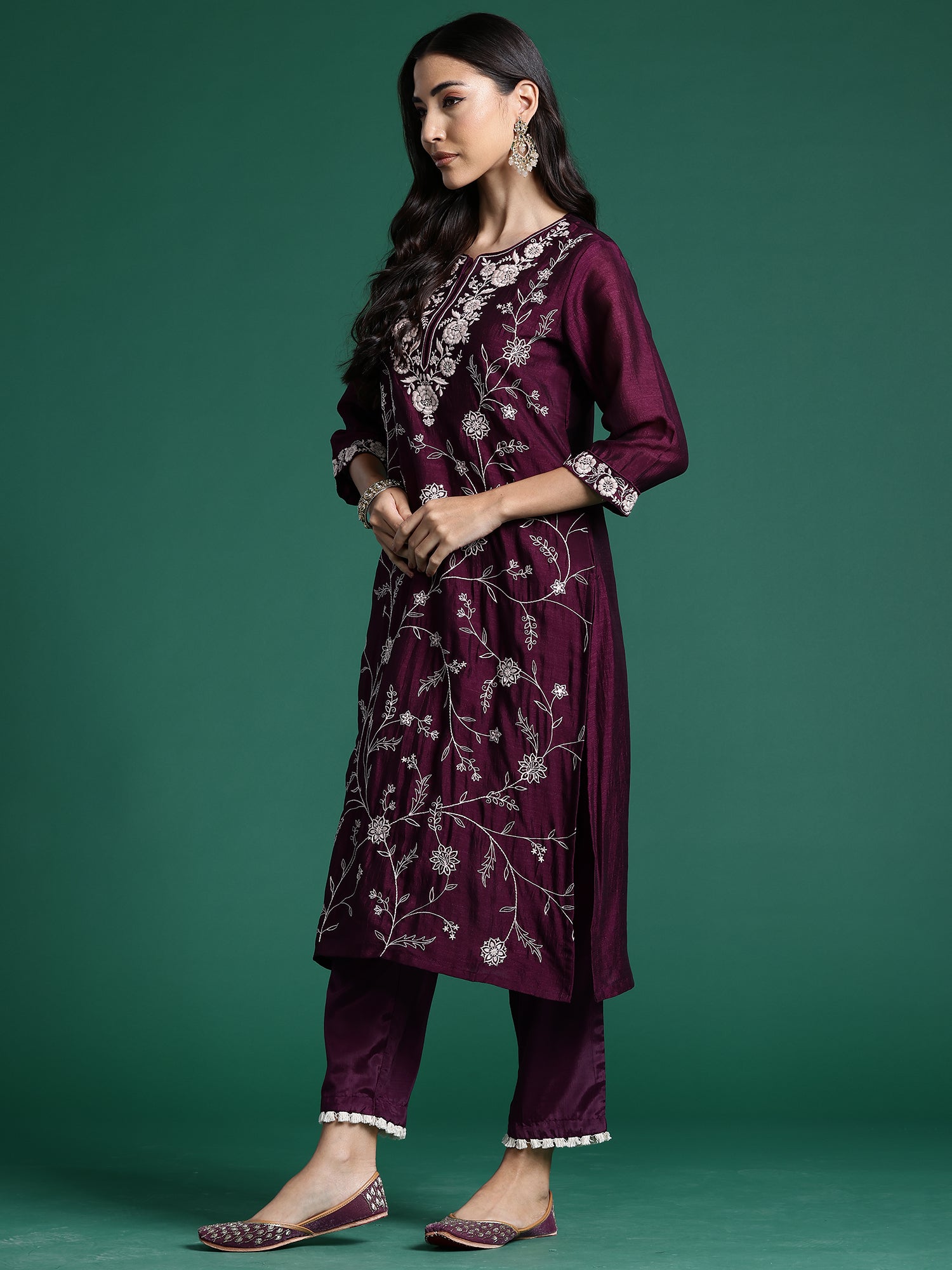 Burgandy Straight Embroidered Kurta Trousers With Dupatta Set