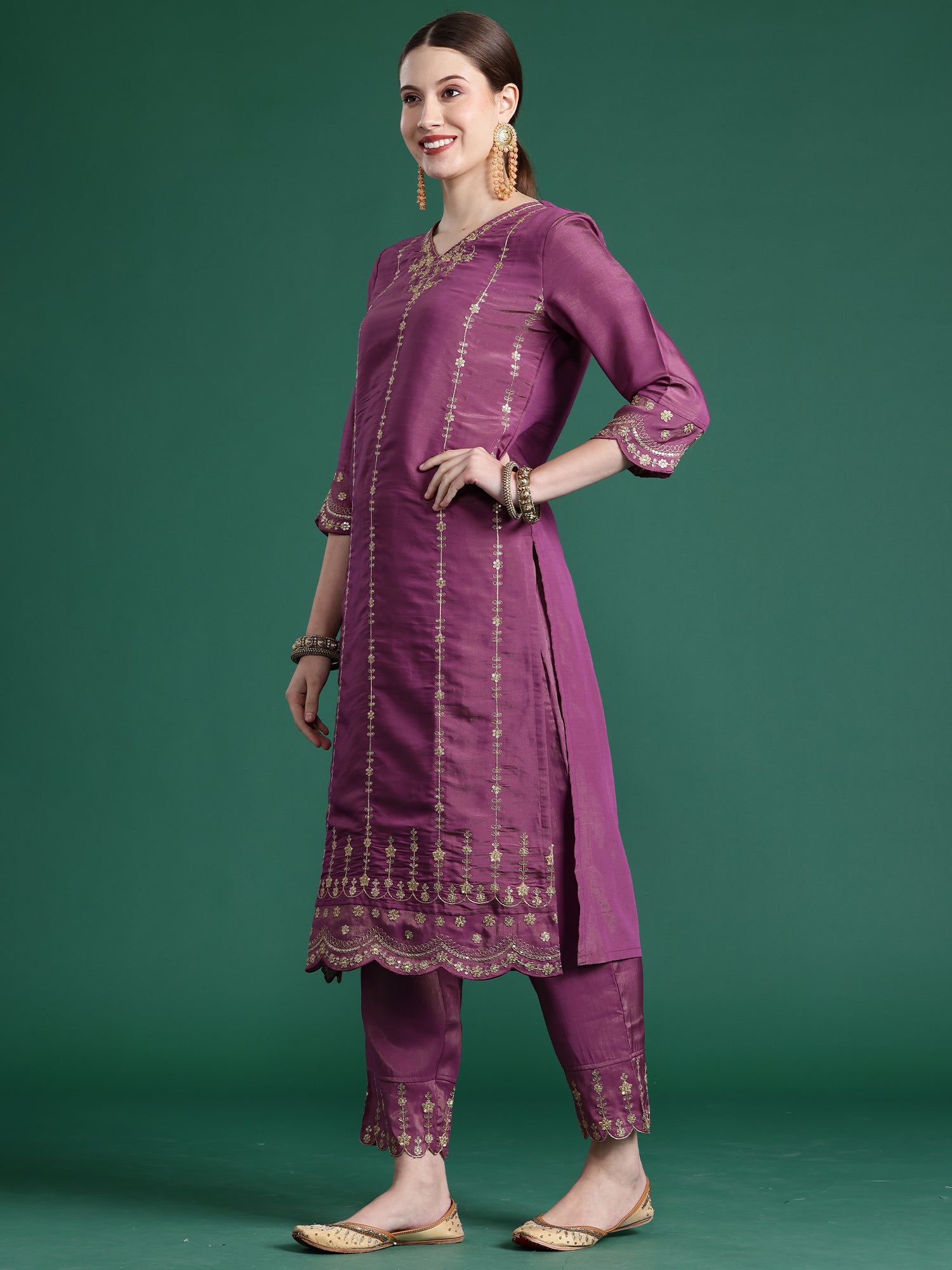 Burgandy Straight Embroidered Kurta Trousers With Dupatta Set