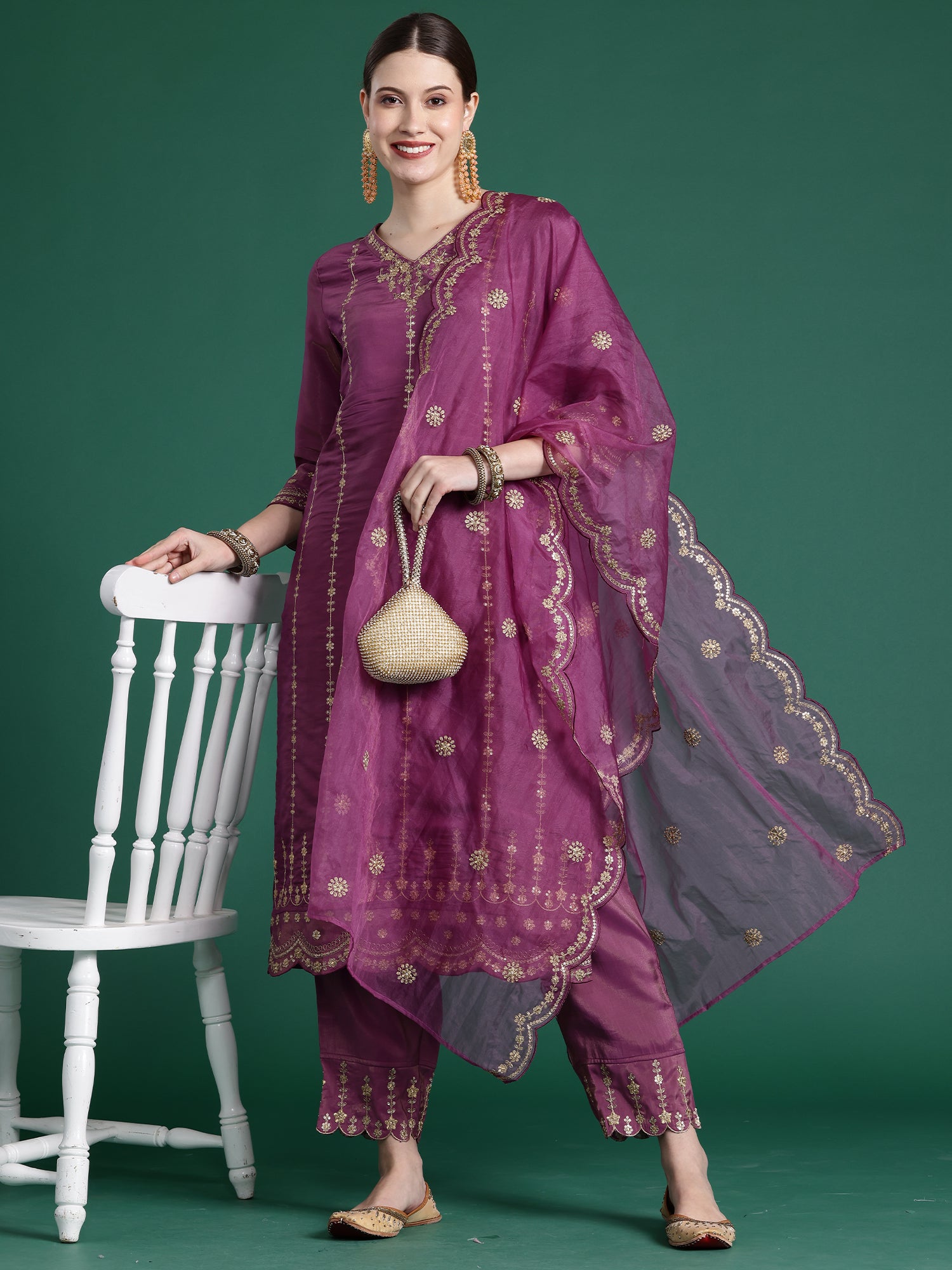 Burgandy Straight Embroidered Kurta Trousers With Dupatta Set