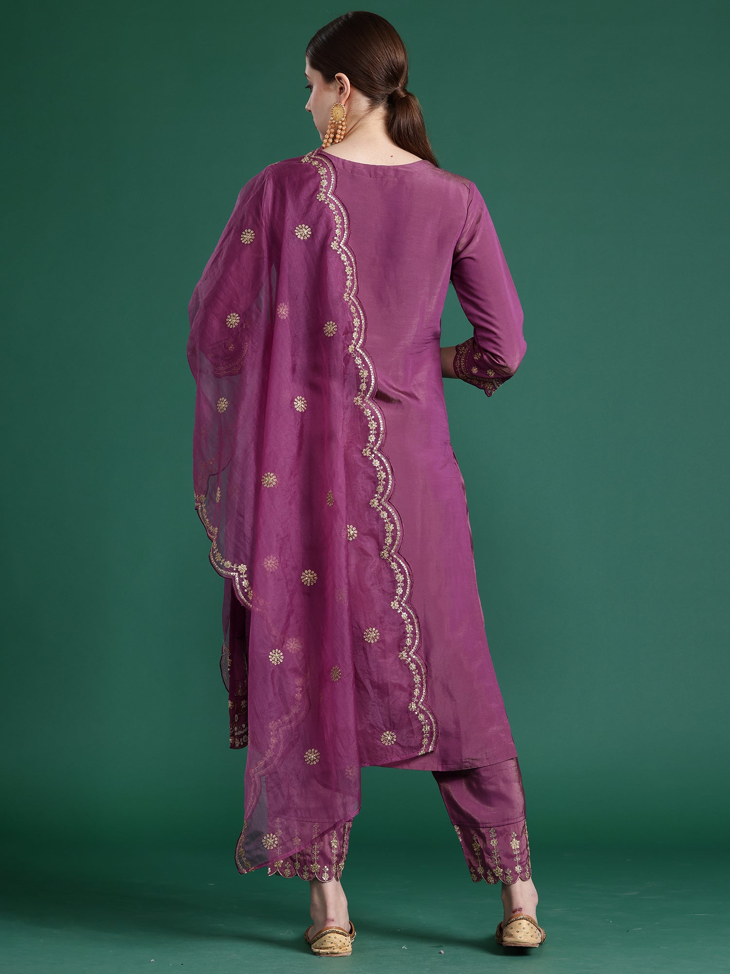 Burgandy Straight Embroidered Kurta Trousers With Dupatta Set