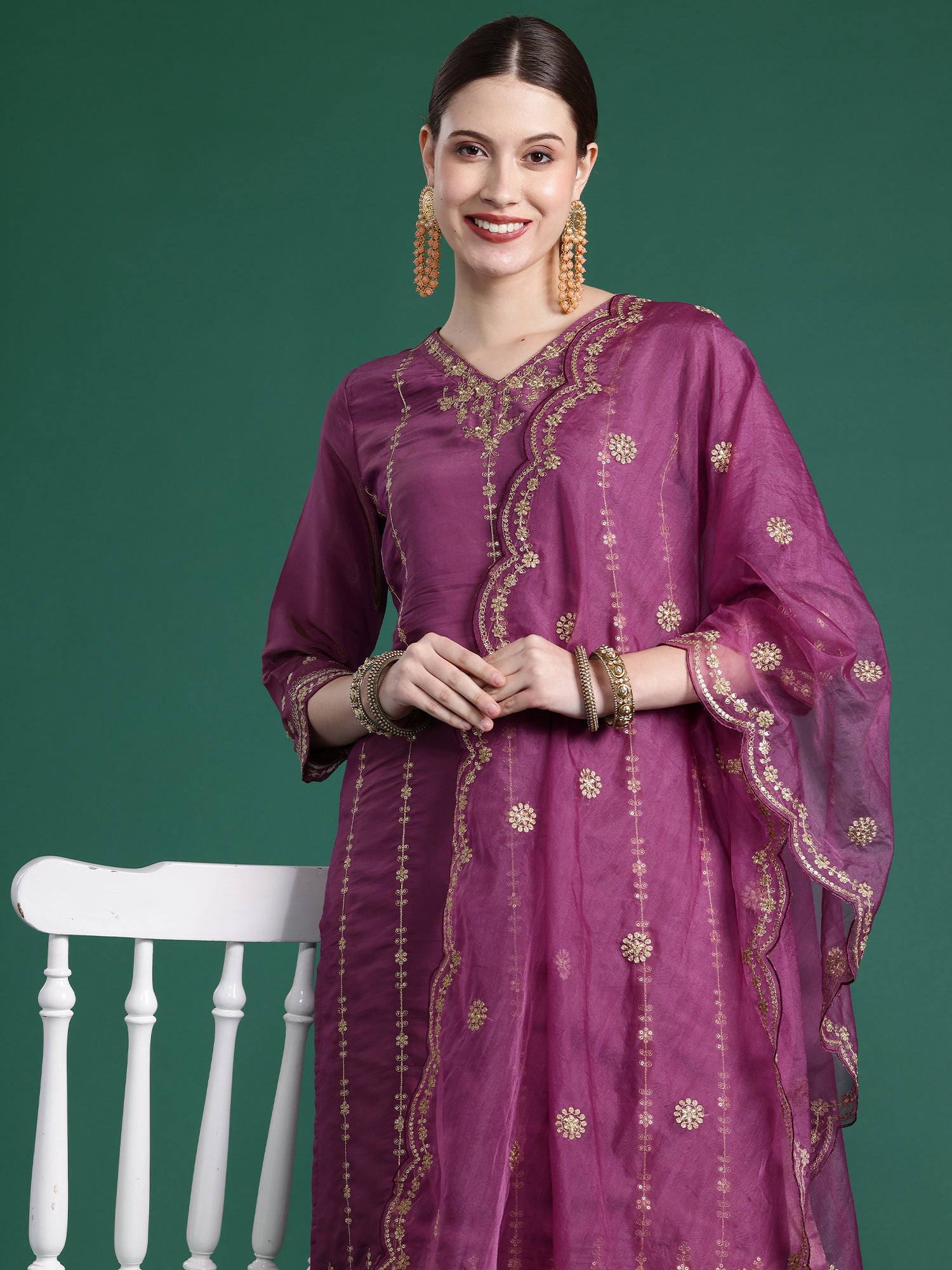 Burgandy Straight Embroidered Kurta Trousers With Dupatta Set