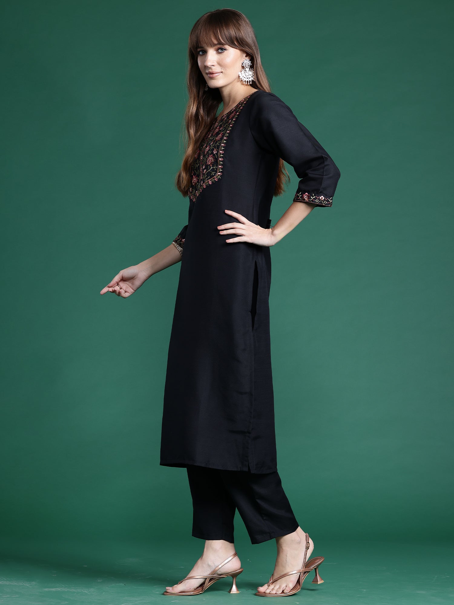 Black Embroidered Straight Kurta Trousers With Dupatta  Set