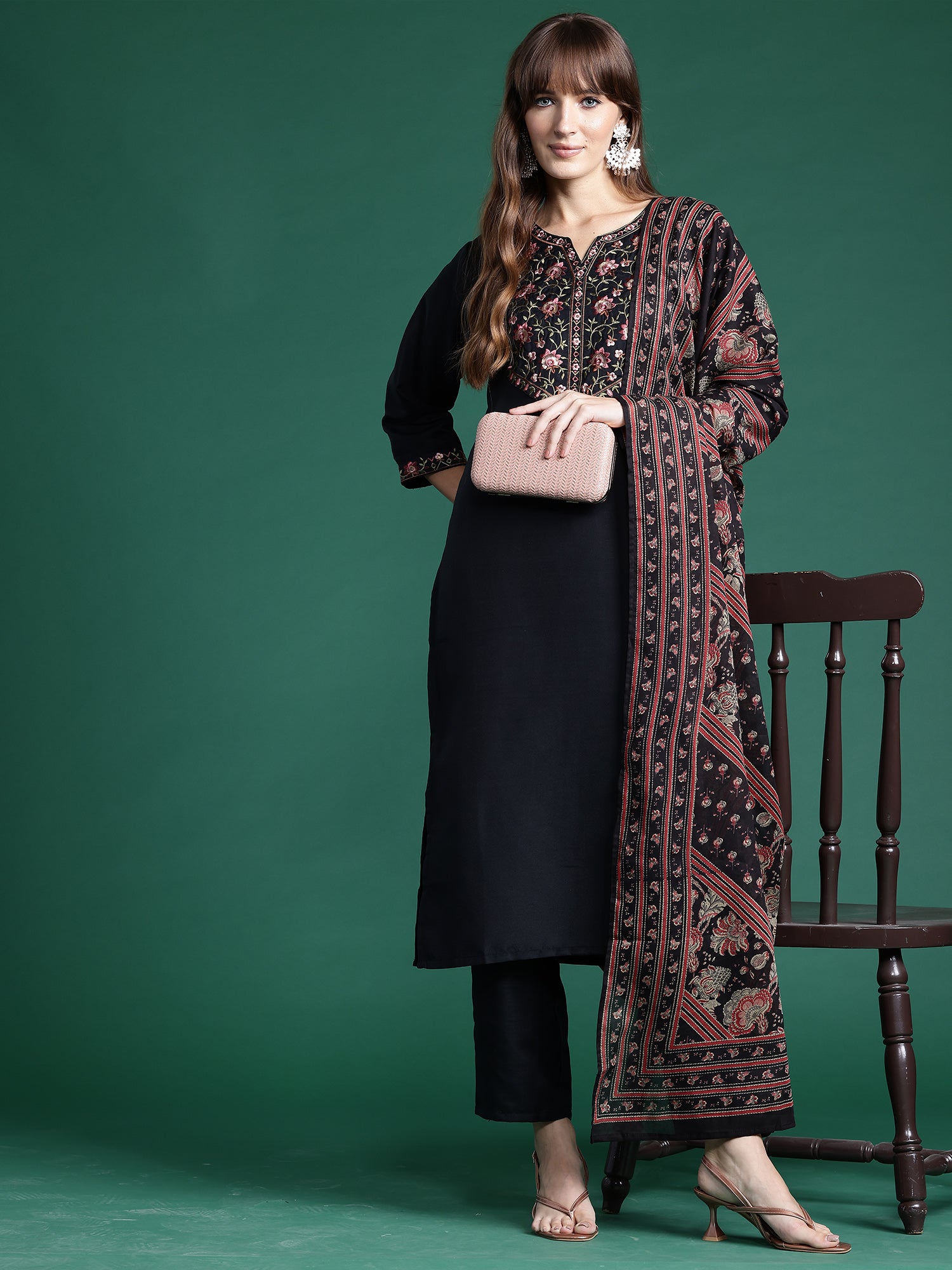 Black Embroidered Straight Kurta Trousers With Dupatta  Set