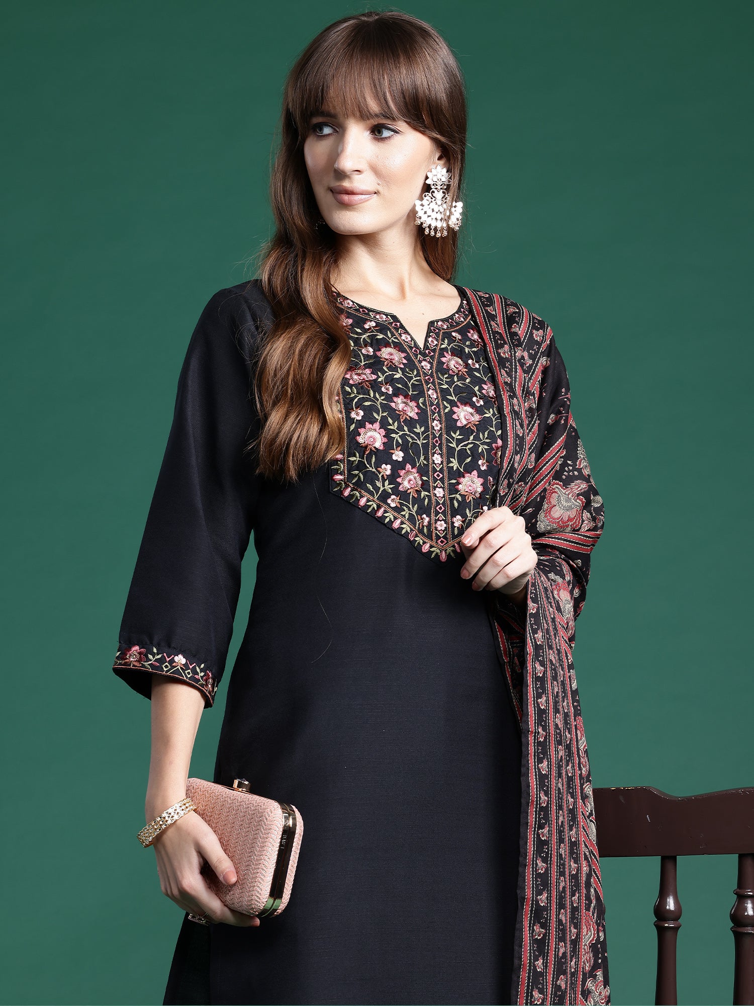 Black Embroidered Straight Kurta Trousers With Dupatta  Set