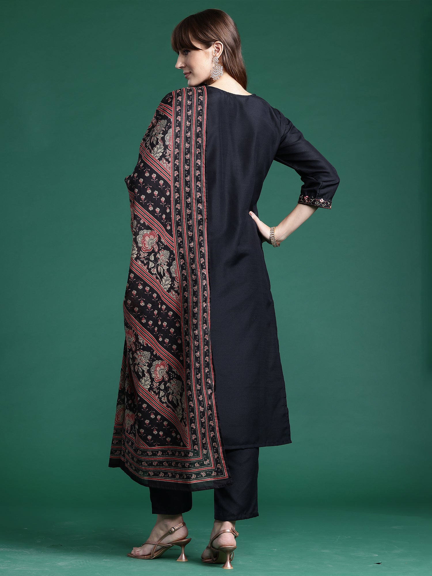 Black Embroidered Straight Kurta Trousers With Dupatta  Set