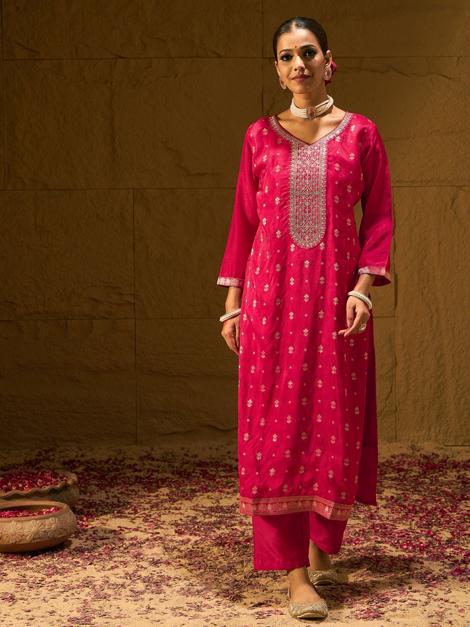 Magenta Embroidered Straight Kurta Trousers With Dupatta set