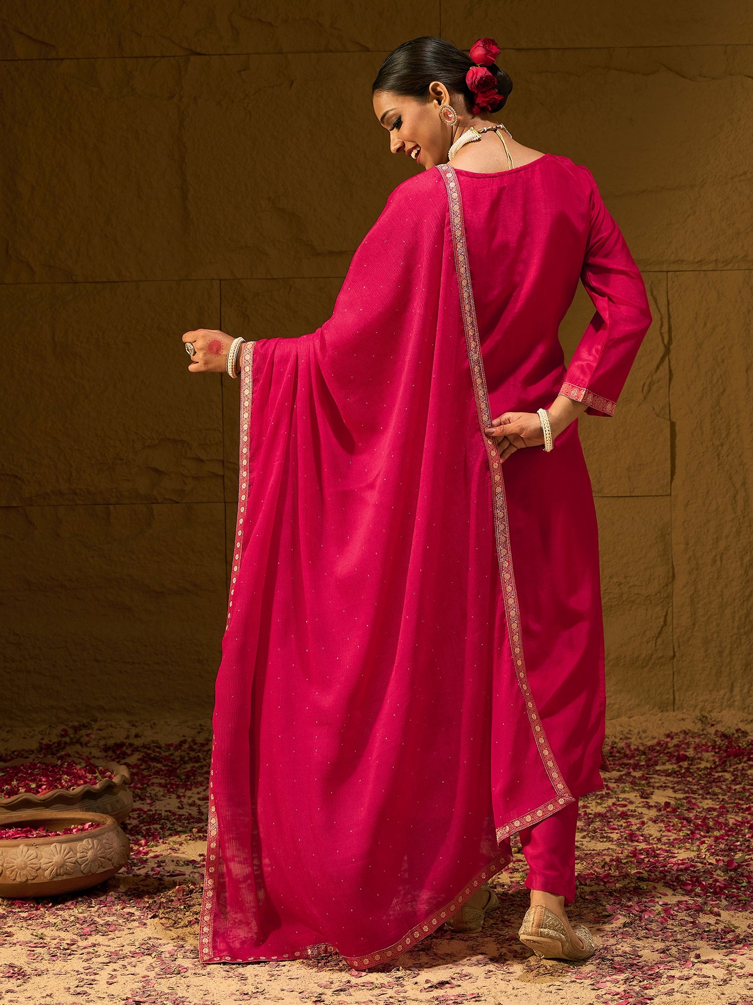 Magenta Embroidered Straight Kurta Trousers With Dupatta set