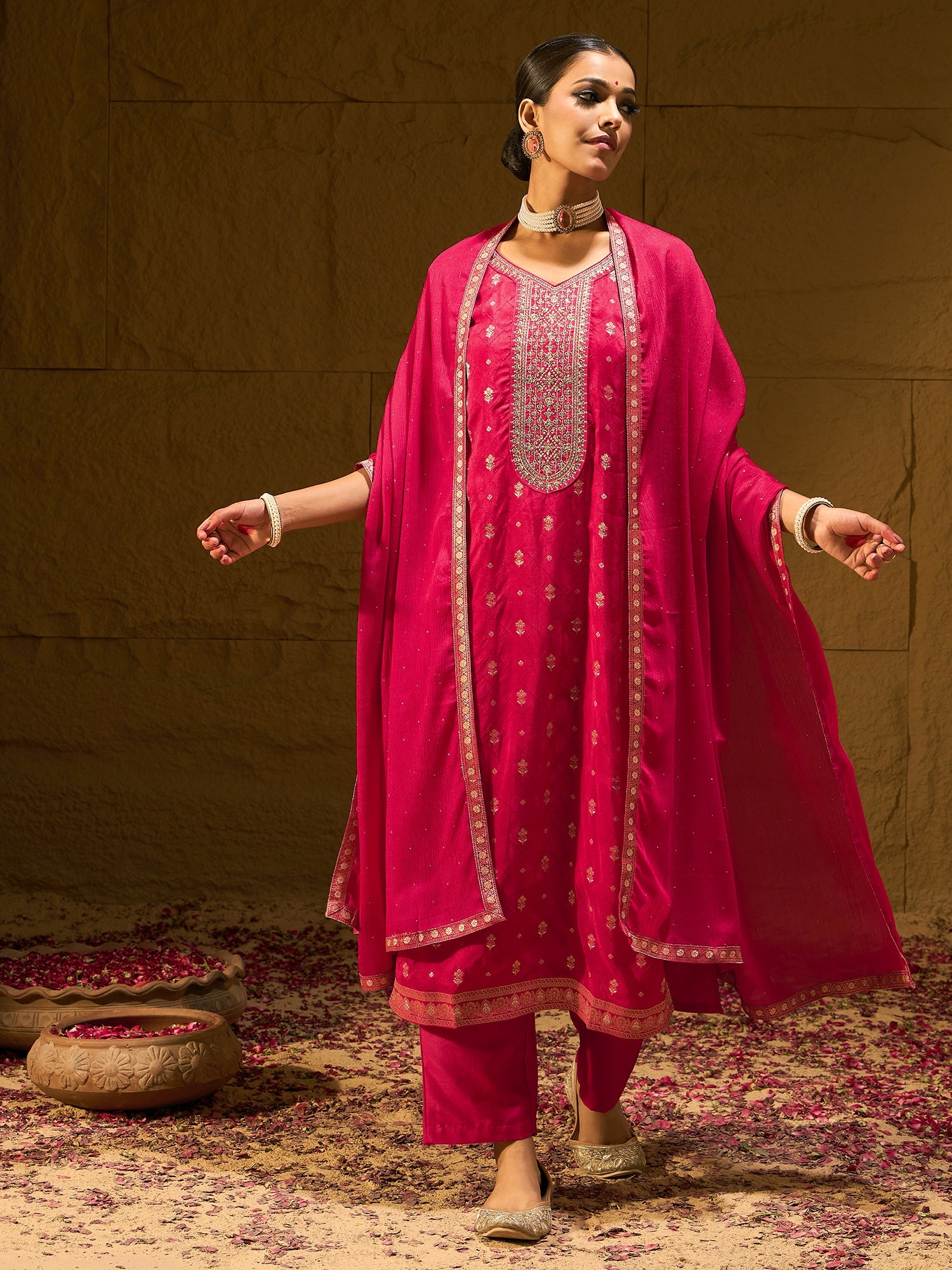 Magenta Embroidered Straight Kurta Trousers With Dupatta set