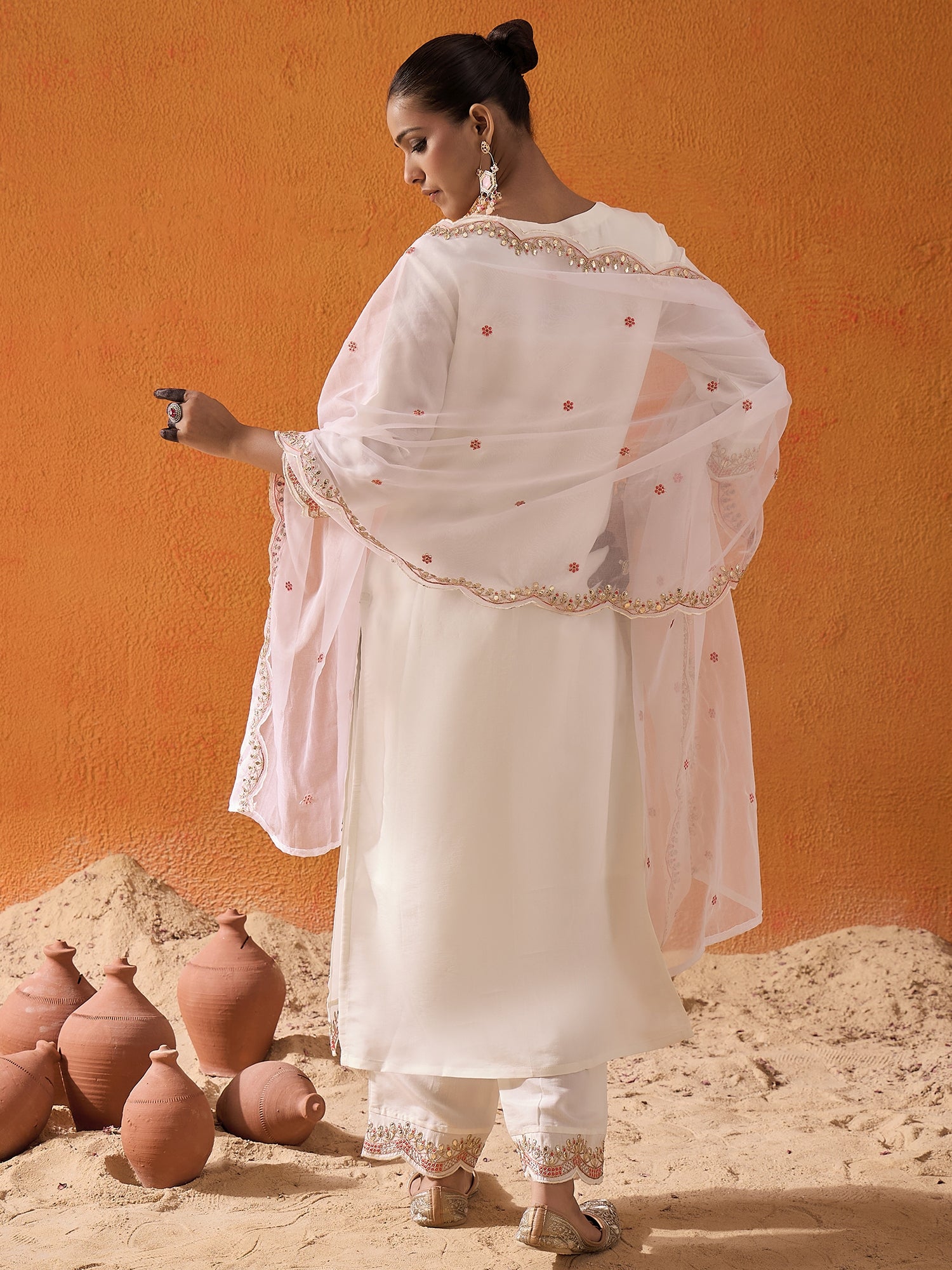 White Embroidered Straight Kurta Trousers With Dupatta Set