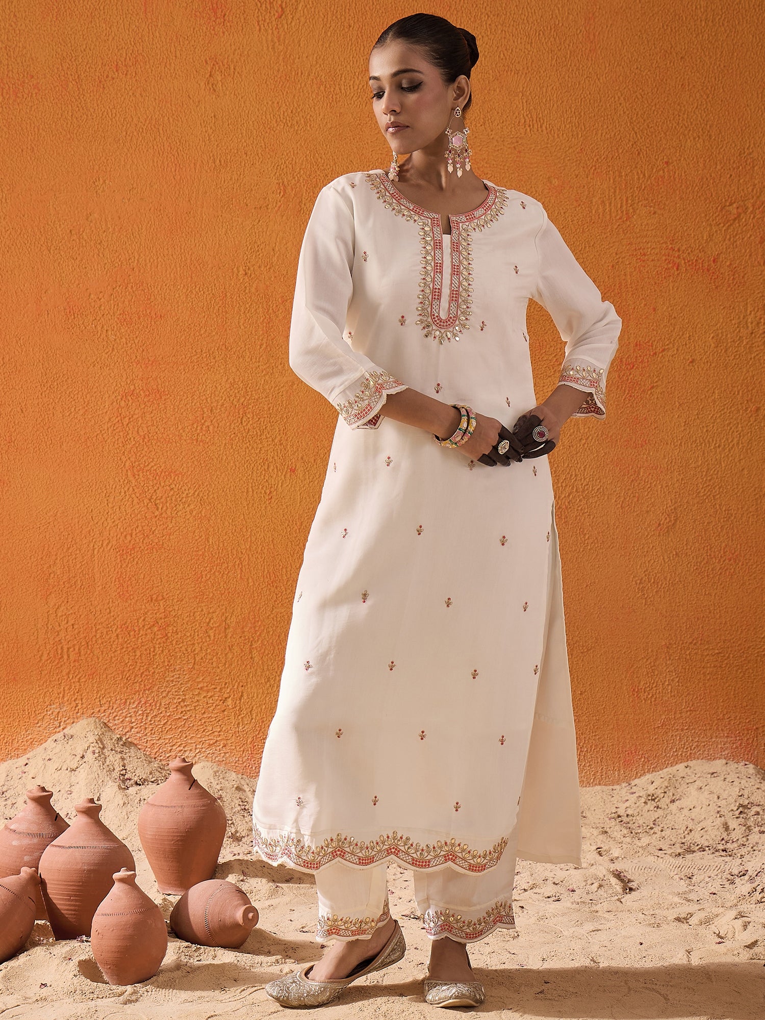 White Embroidered Straight Kurta Trousers With Dupatta Set