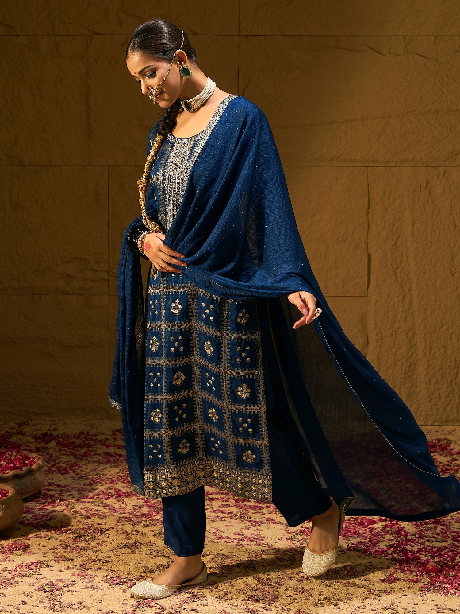 Blue Embroidered Straight Kurta Trousers With Dupatta Set