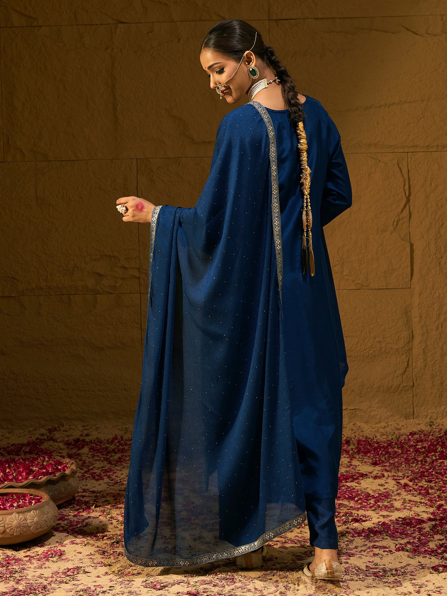Blue Embroidered Straight Kurta Trousers With Dupatta Set