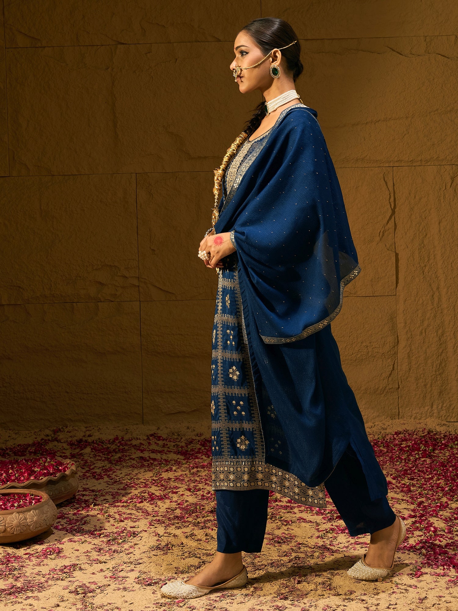 Blue Embroidered Straight Kurta Trousers With Dupatta Set