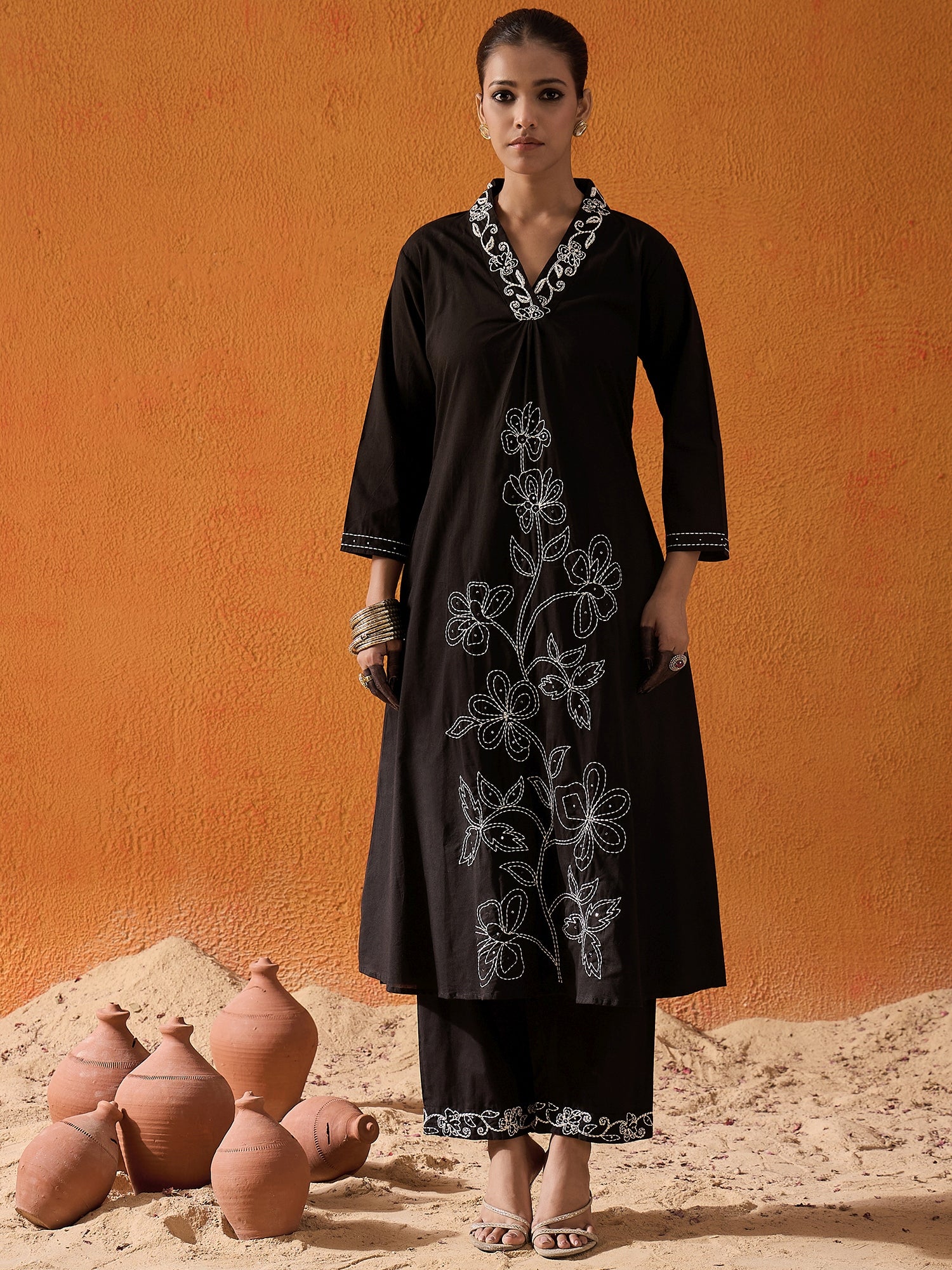 Black Embroidered A-Line Kurta Trousers With Dupatta Set