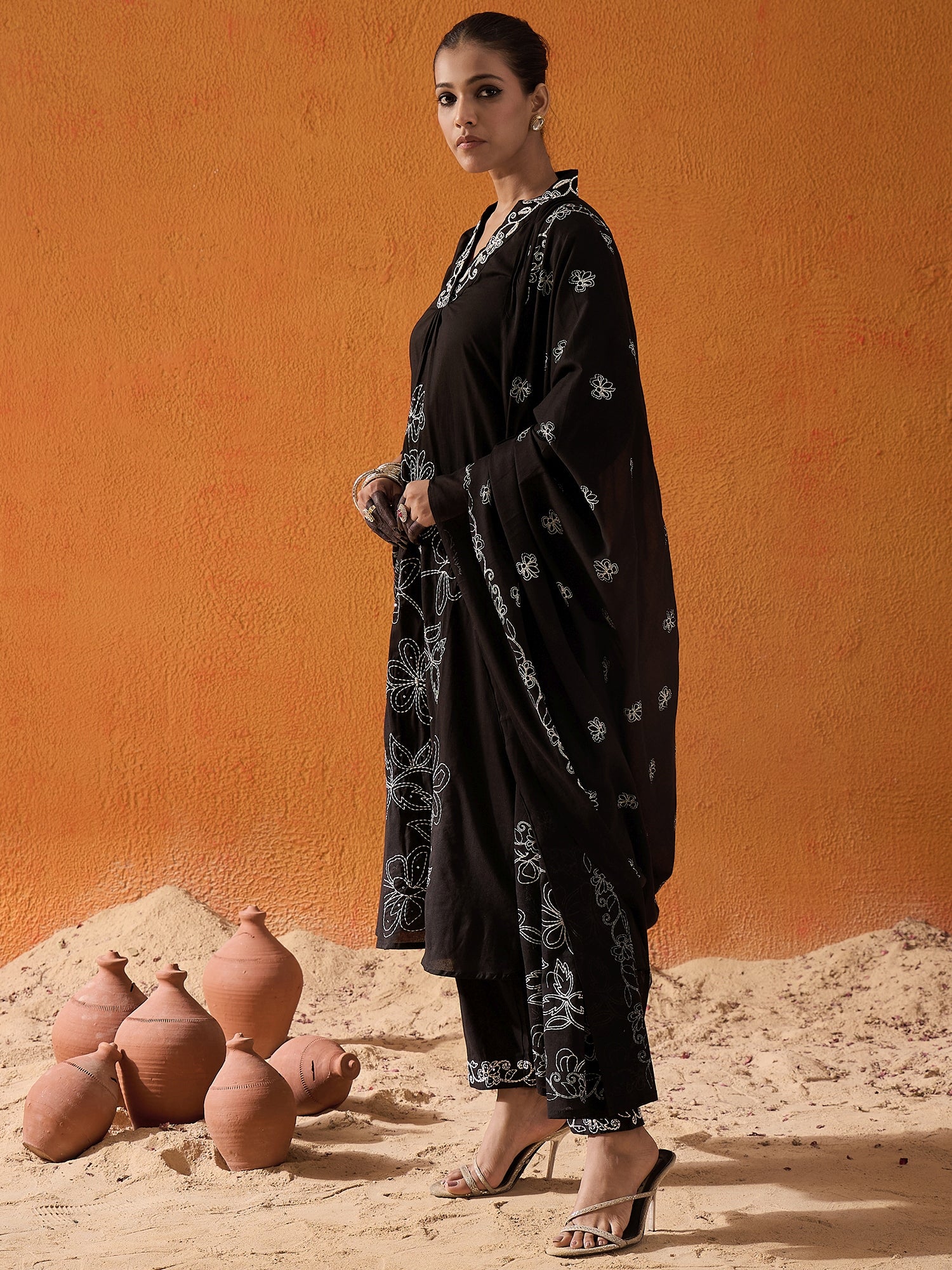 Black Embroidered A-Line Kurta Trousers With Dupatta Set