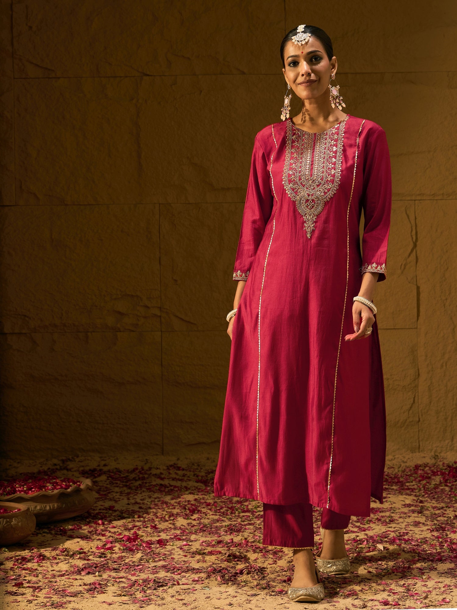 Red Embroidered Straight Kurta Trousers With Dupatta Set