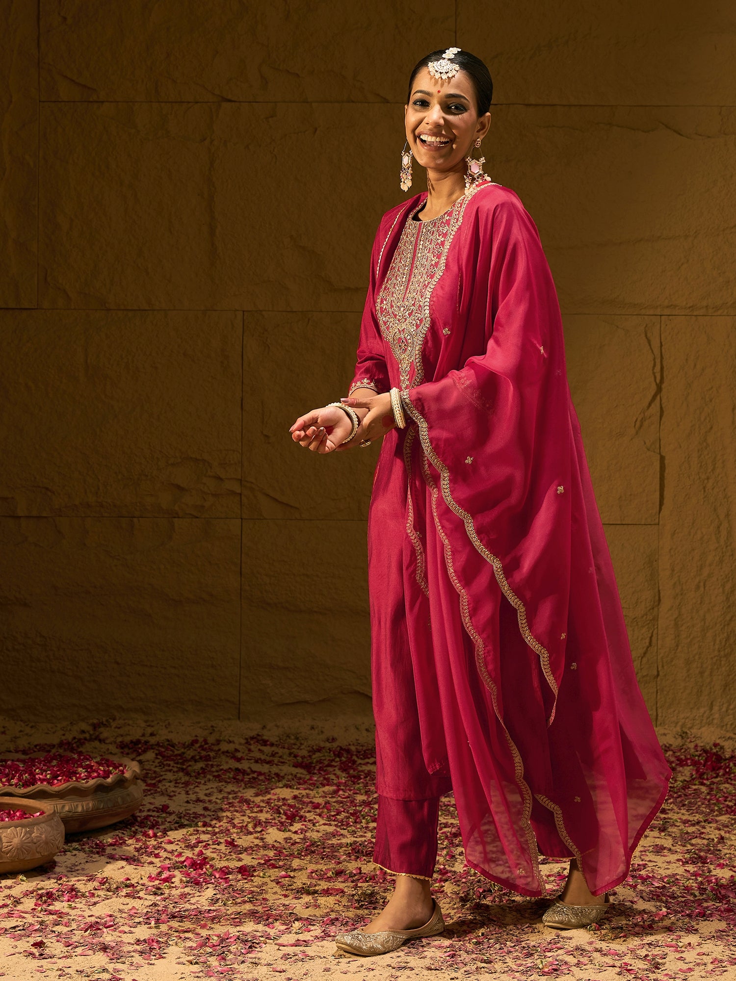 Red Embroidered Straight Kurta Trousers With Dupatta Set