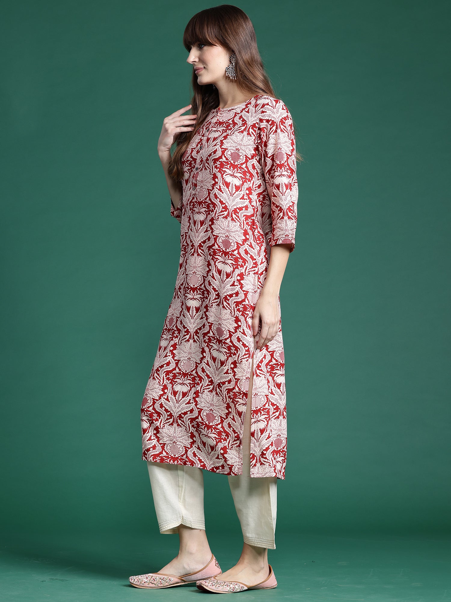 Red Printed Straight Kurtas