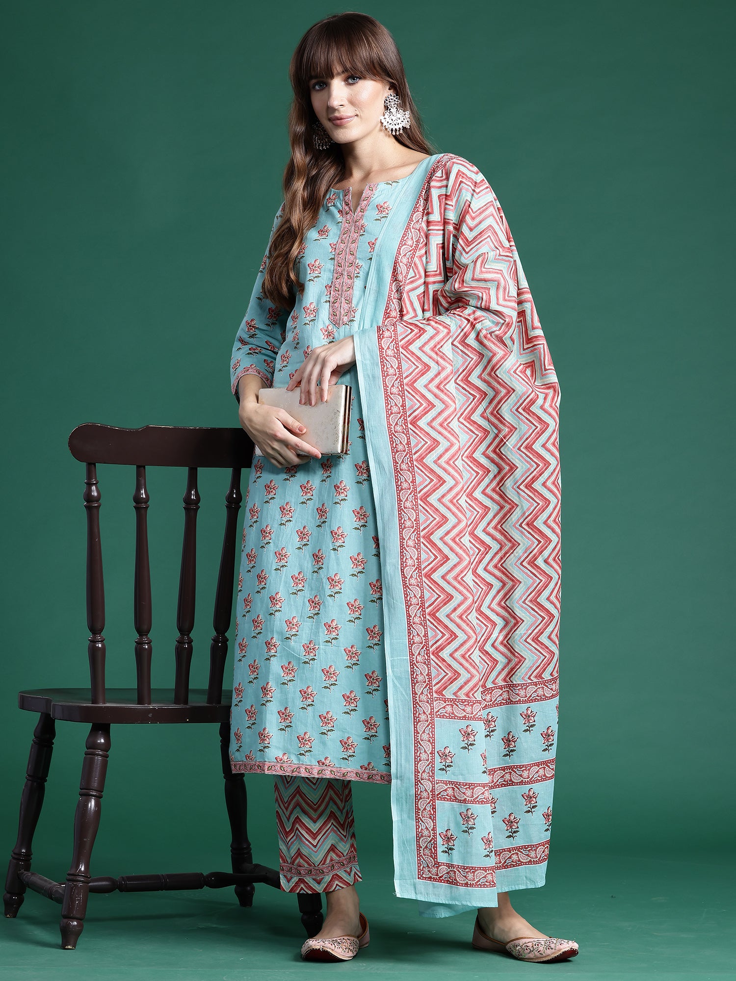 Blue Printed Straight Kurta Trousers With Dupatta Set