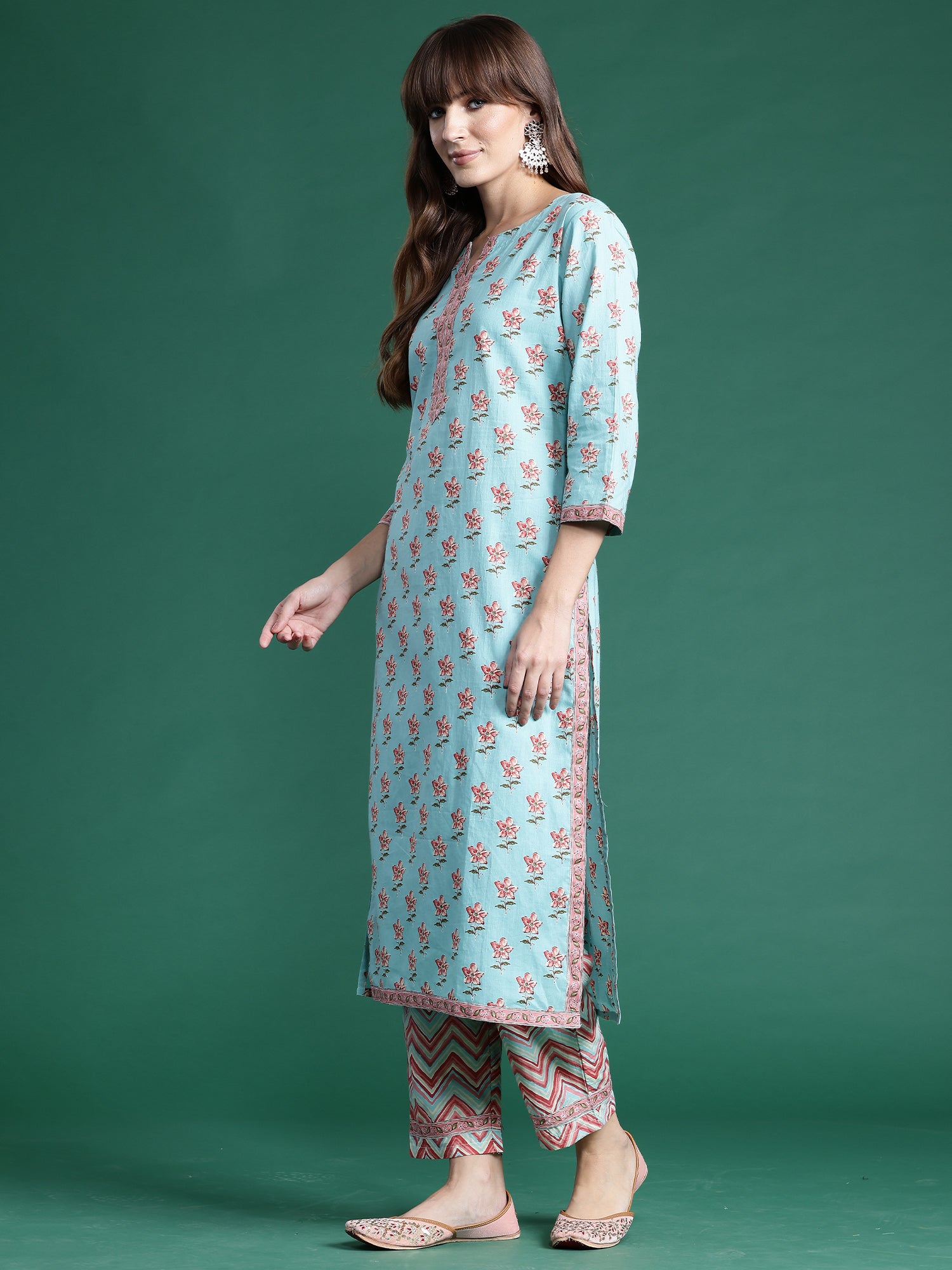 Blue Printed Straight Kurta Trousers With Dupatta Set