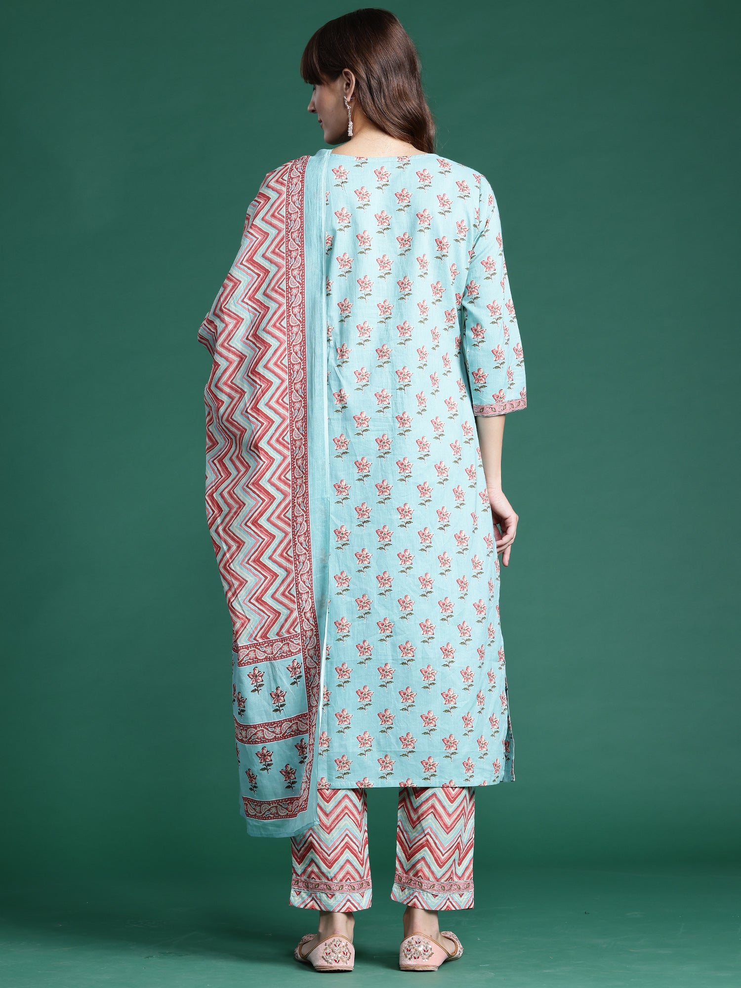 Blue Printed Straight Kurta Trousers With Dupatta Set