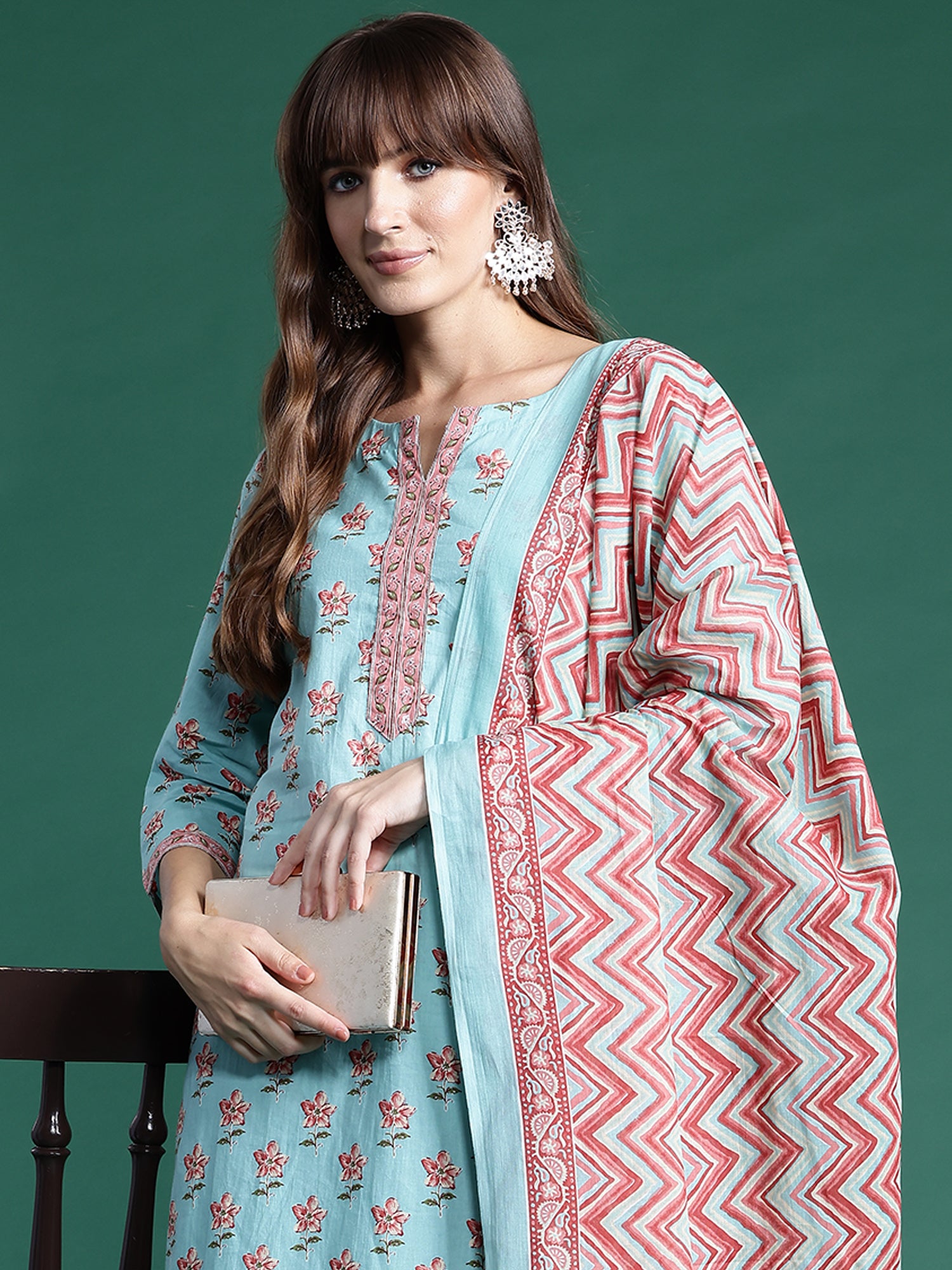 Blue Printed Straight Kurta Trousers With Dupatta Set