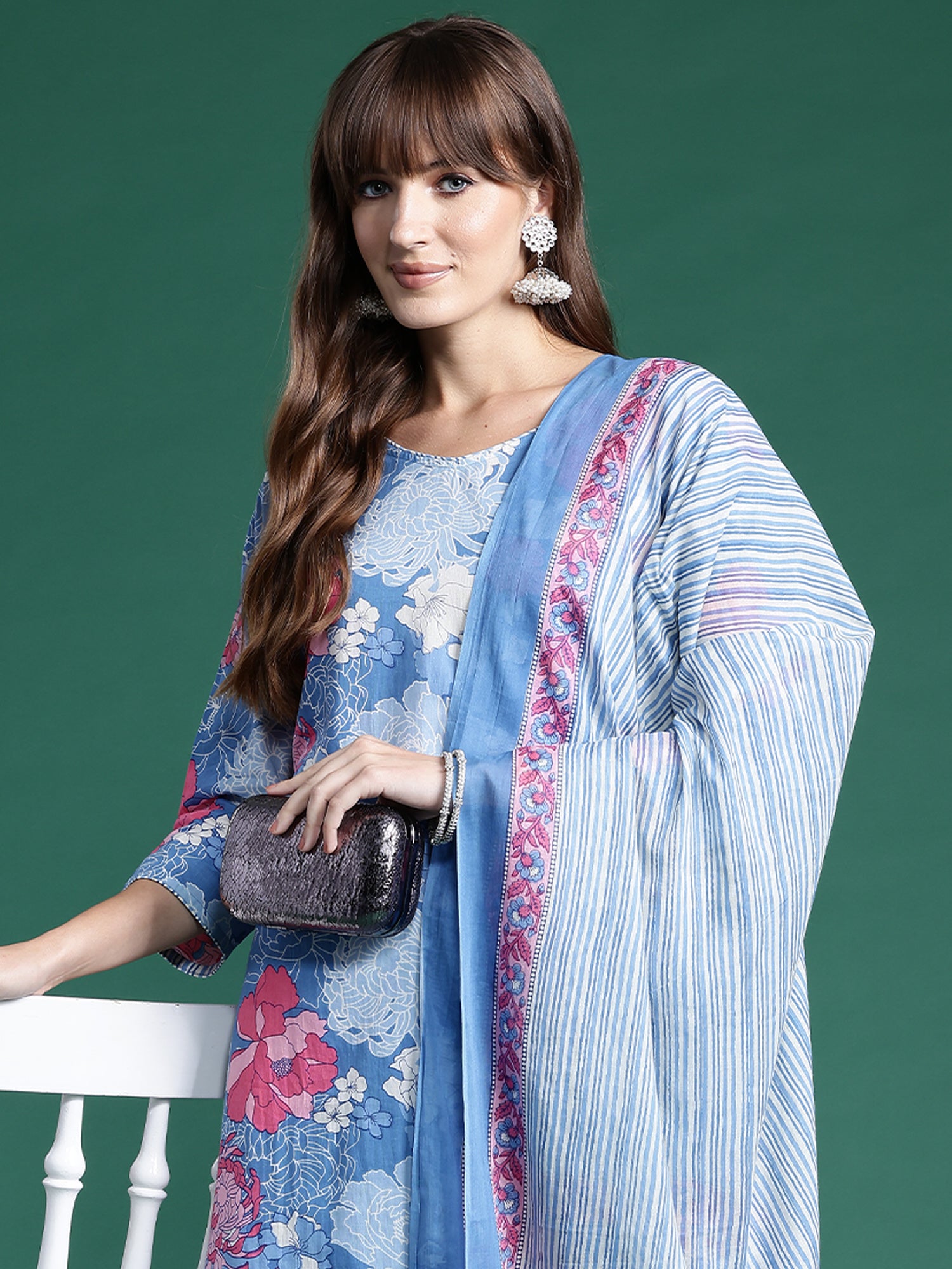 Blue Printed Straight Kurta Trousers With Dupatta Set