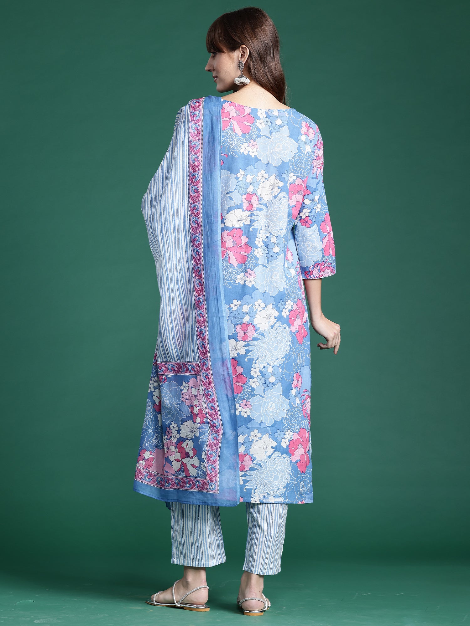 Blue Printed Straight Kurta Trousers With Dupatta Set