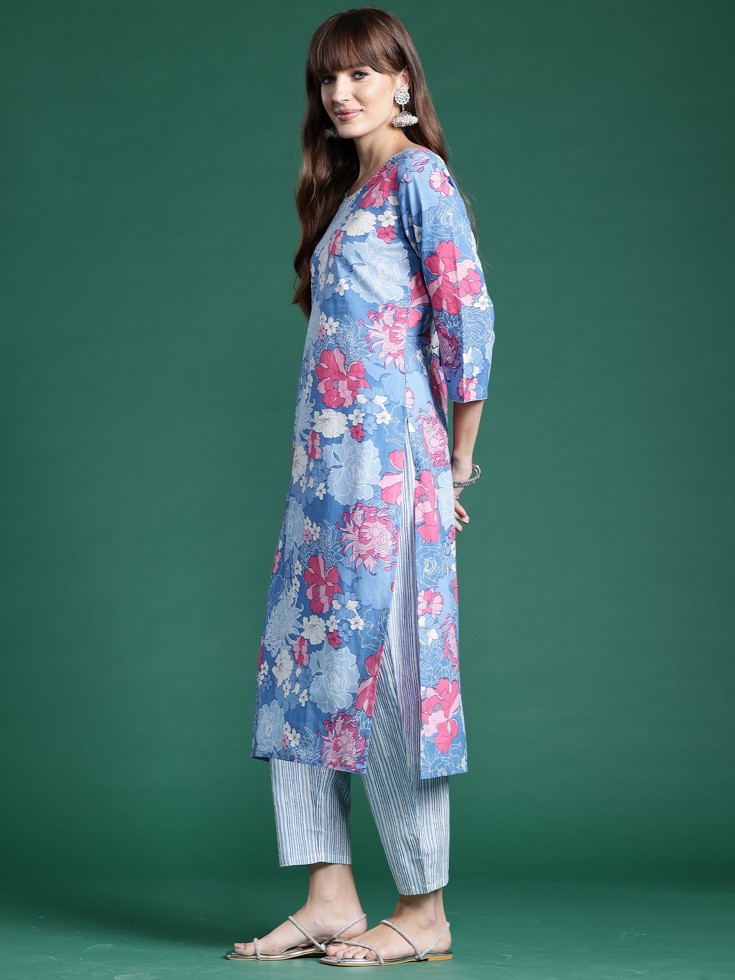 Blue Printed Straight Kurta Trousers With Dupatta Set