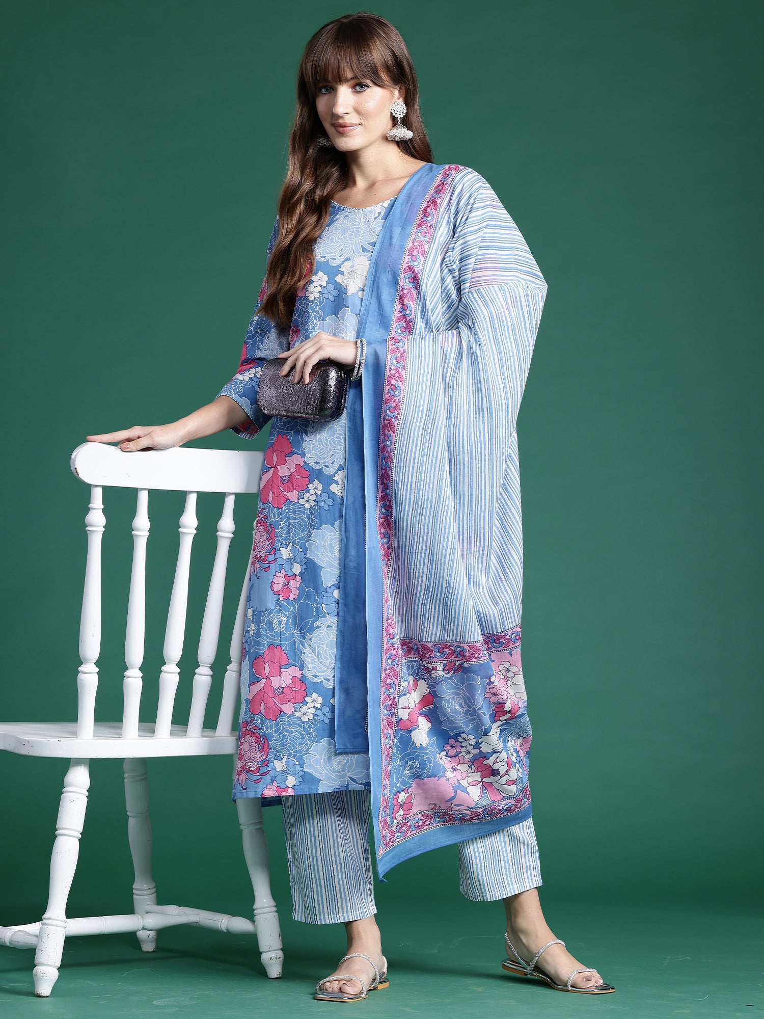 Blue Printed Straight Kurta Trousers With Dupatta Set